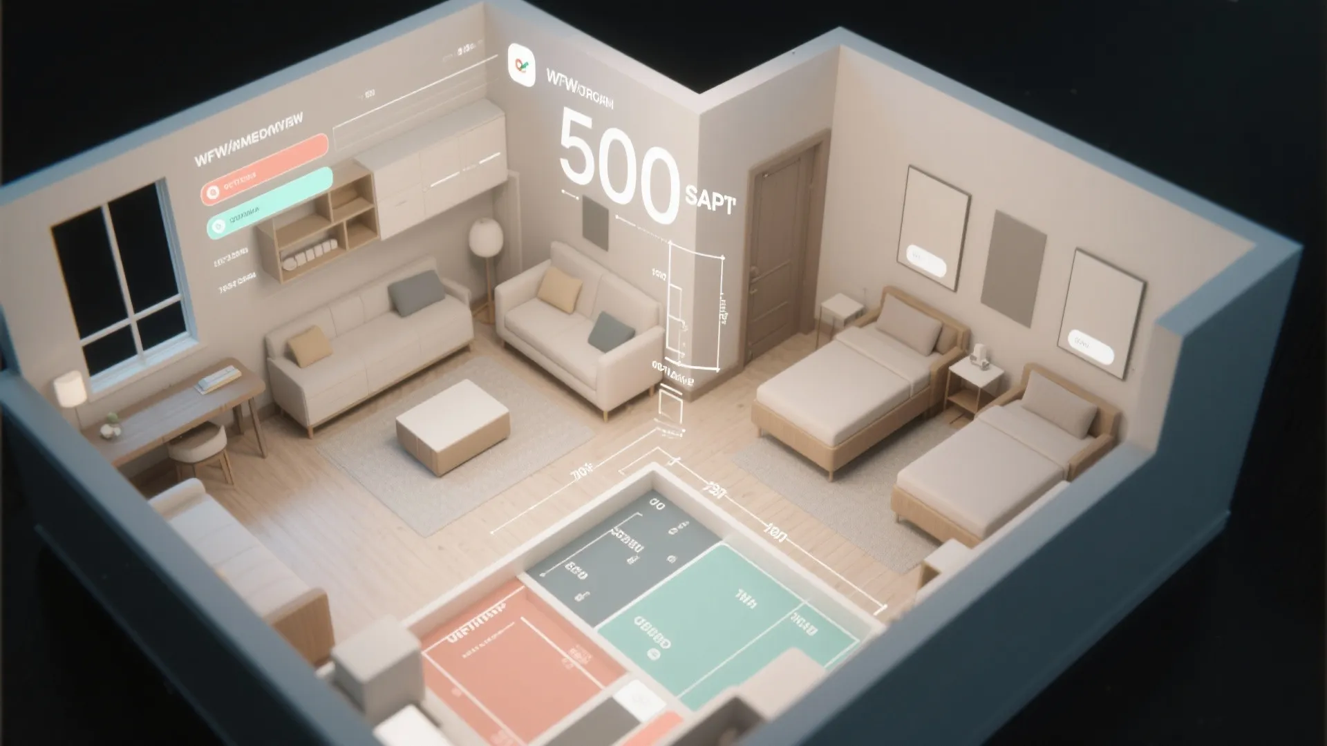Interior design drawing showing a small apartment layout with furniture, dimensions, and square footage label