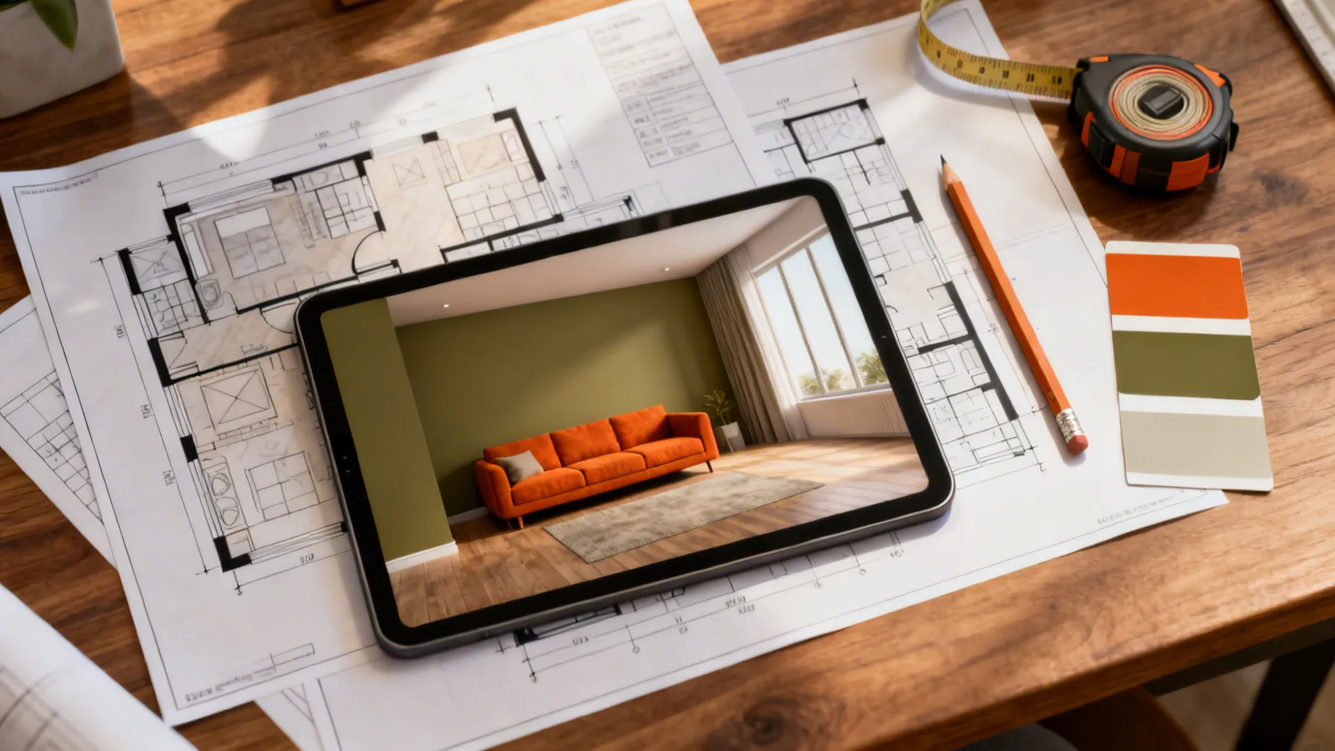 Top-down view of a desk with a 3D floor planner on a tablet, measuring tools and color swatches