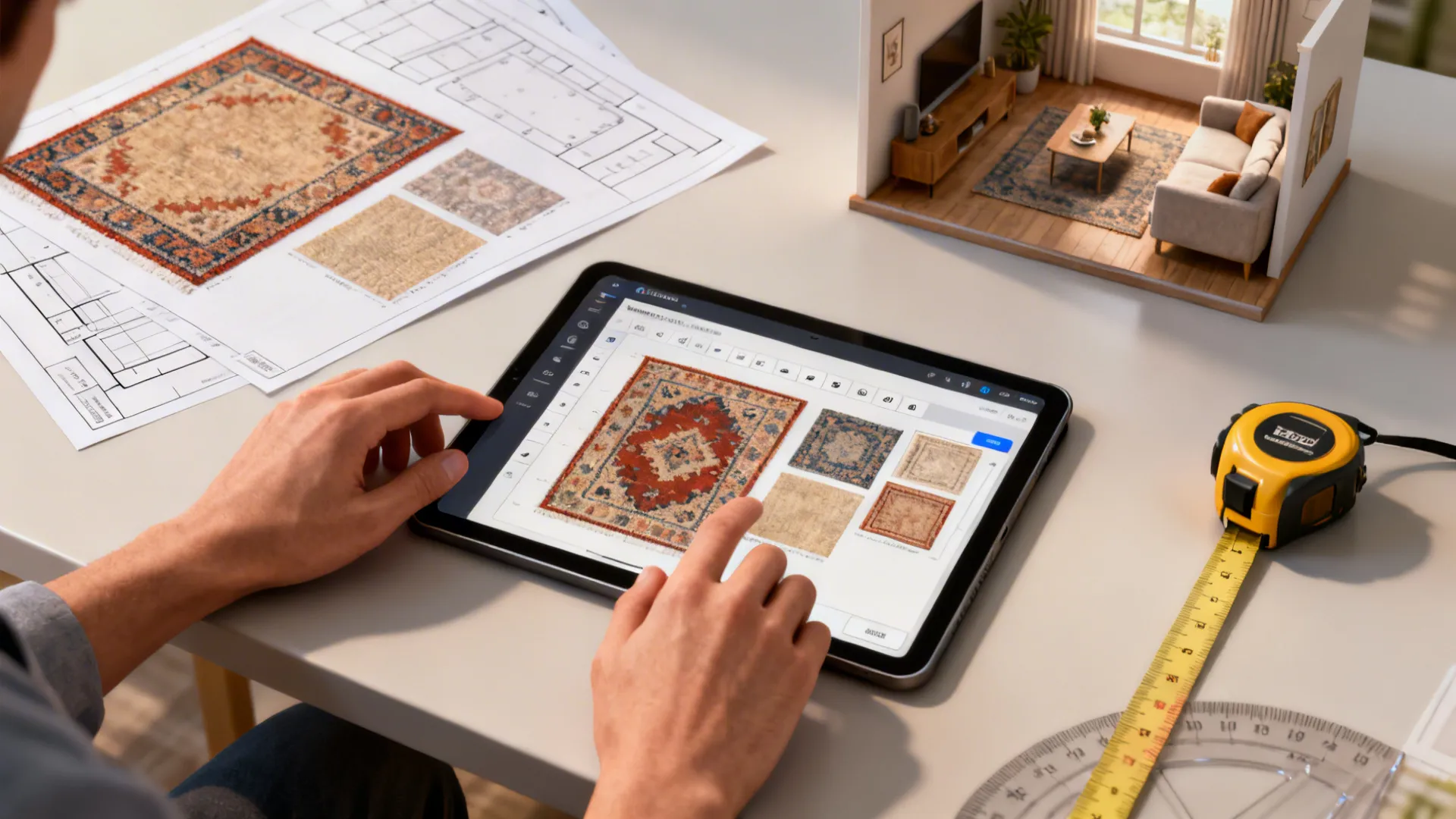 Top-down view of a 3D floor planner and rug templates used to test rug scale in a small living room.