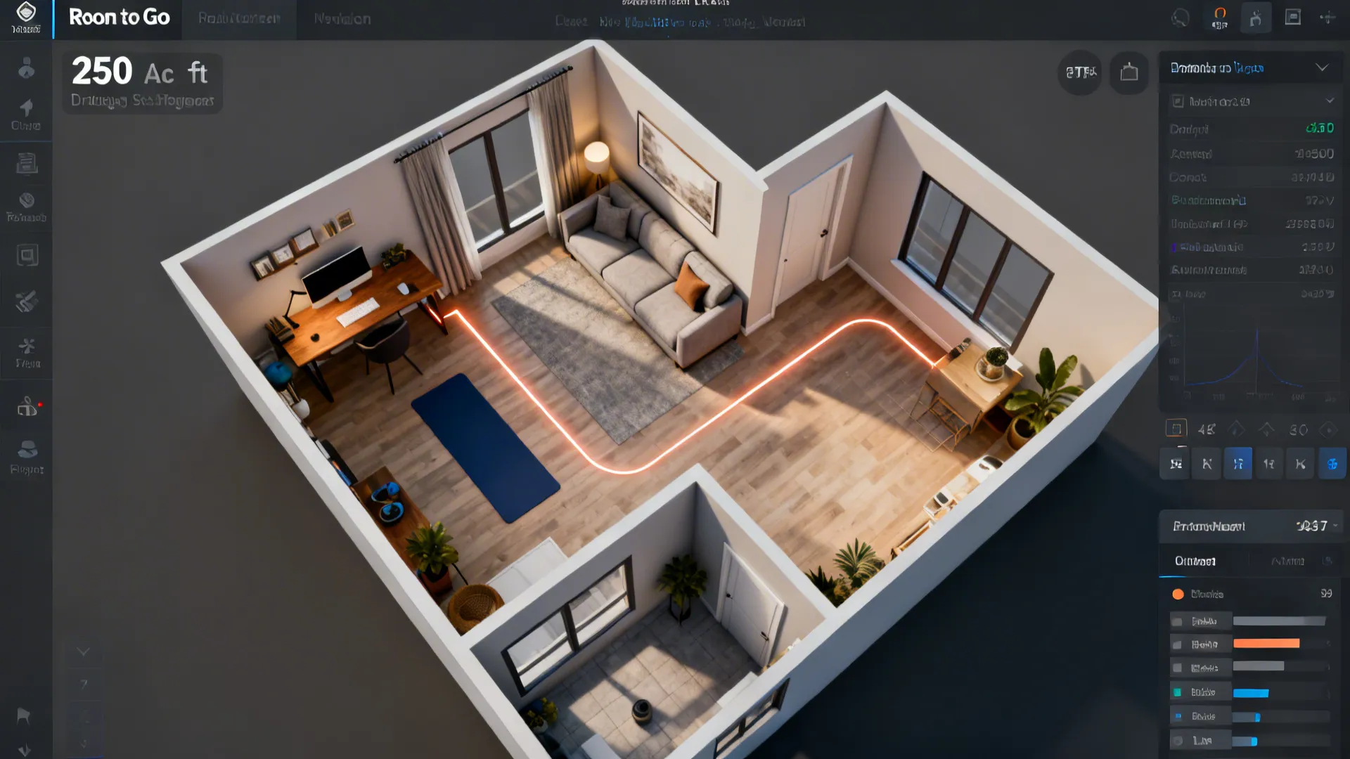 Top-down 3D floor planner view of a 250-square-foot apartment with furniture placement tests