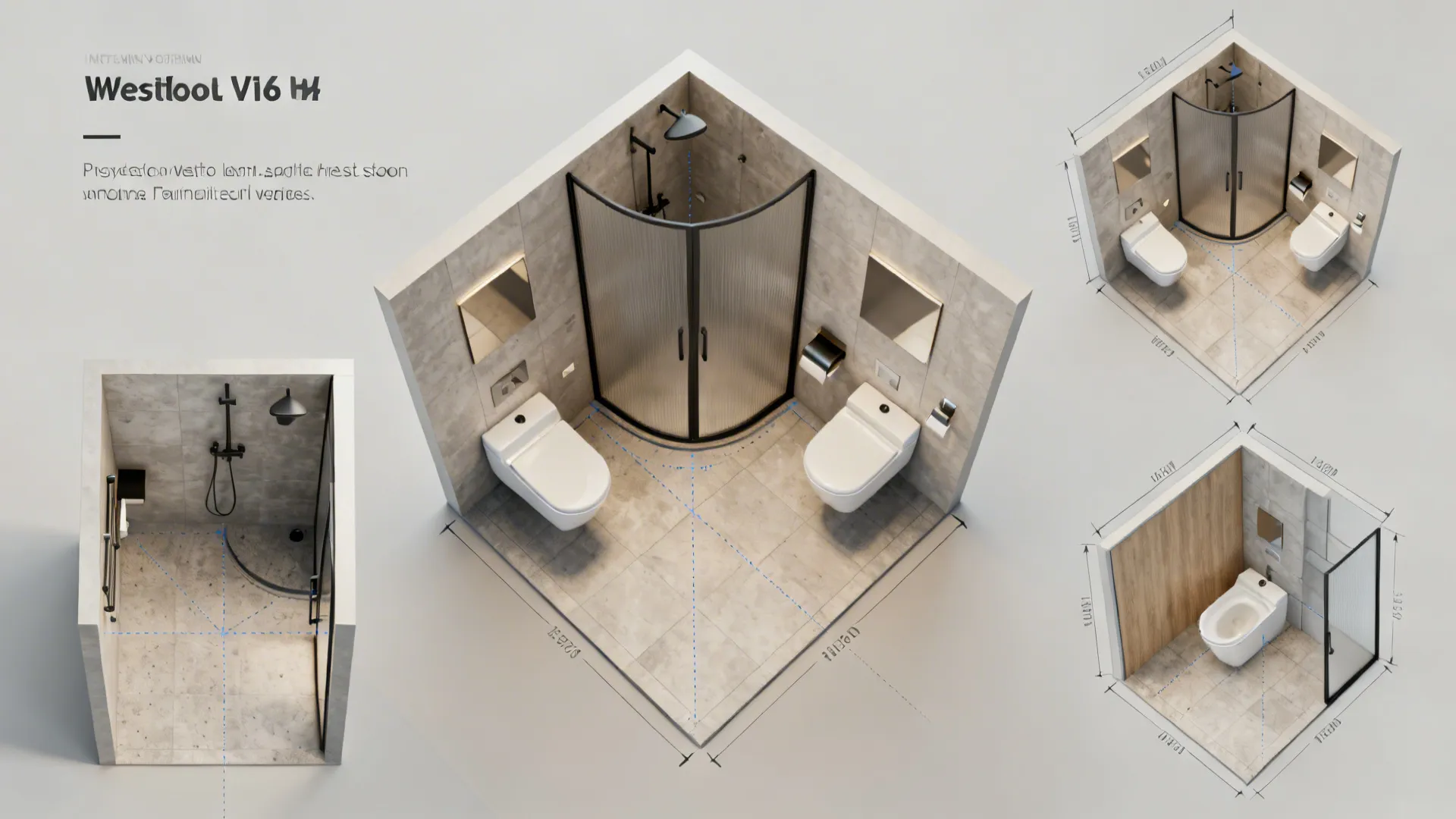 Top-down 3D floor planner view showing multiple tiny bathroom layout options and clearances.