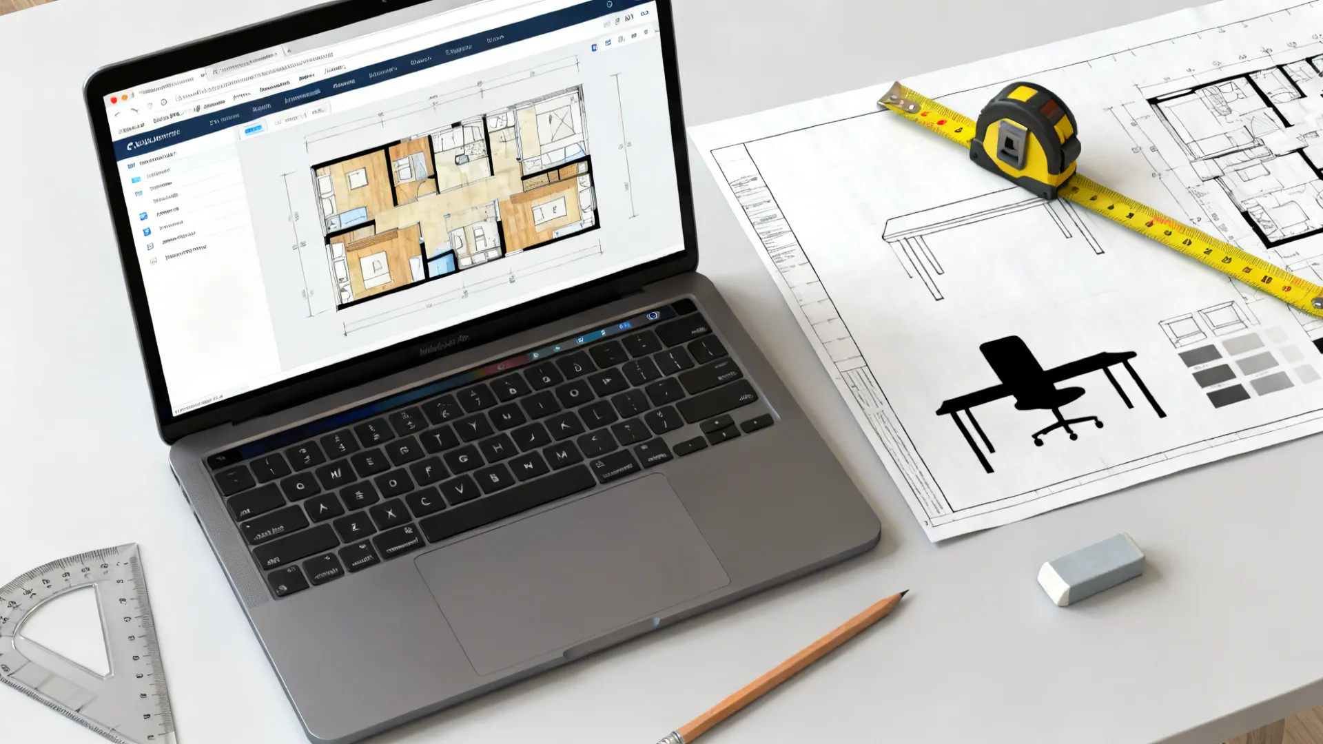 Top-down view of a laptop showing an online floor planner with printed sketches and measuring tape.