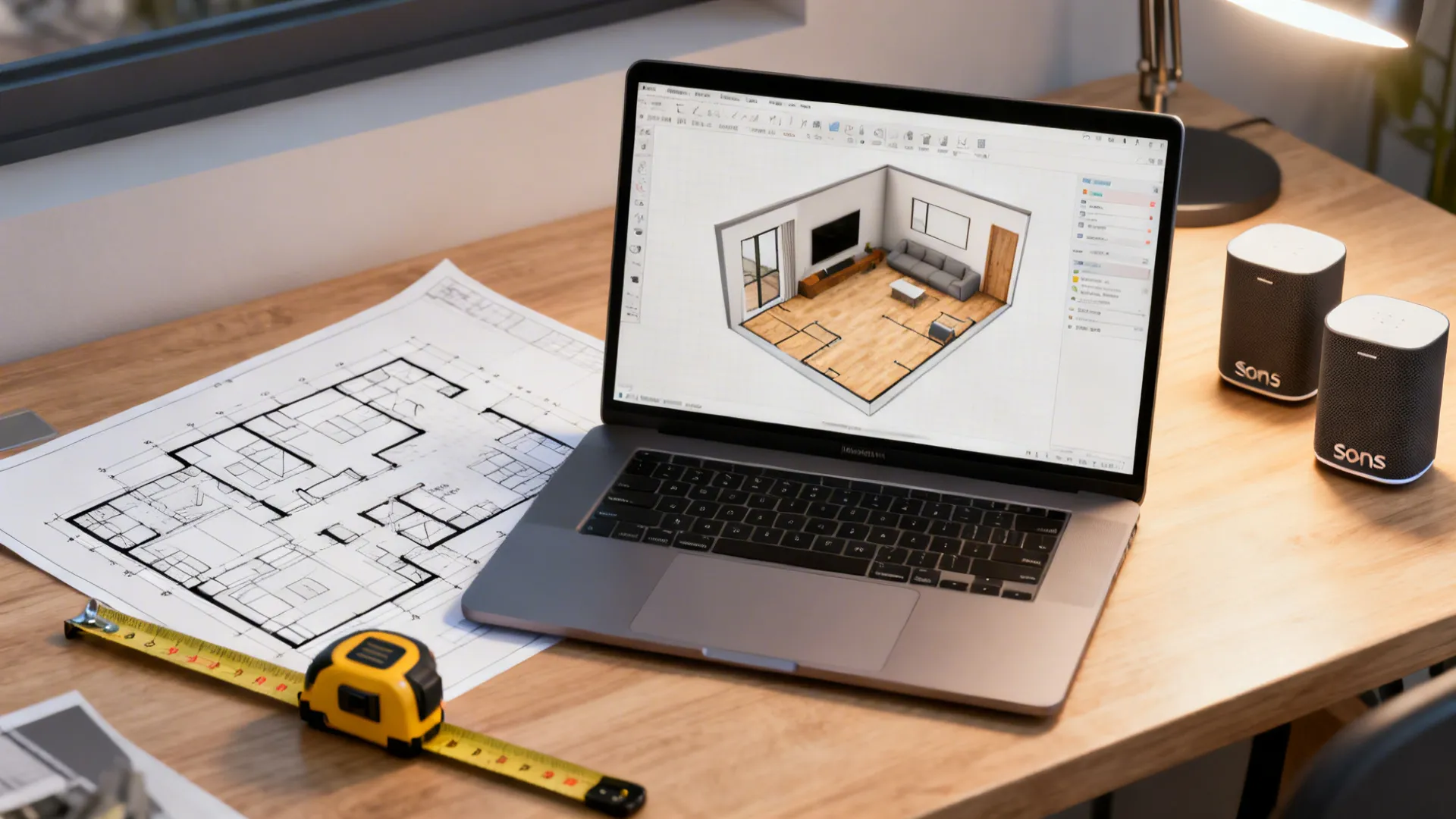 Workspace with laptop showing 3D floor planner, sketches, tape measure and speaker models for layout planning.