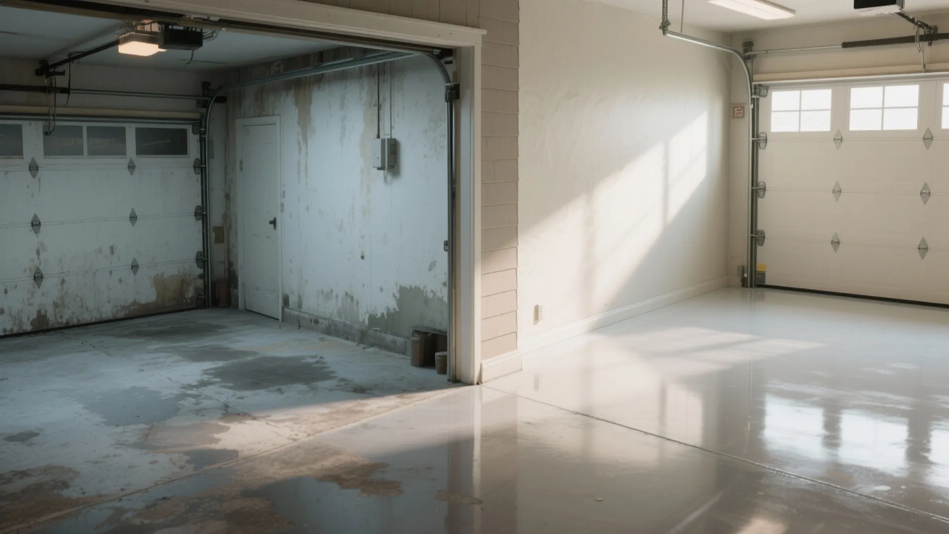 Before and after comparison of a dirty stained garage floor versus a new shiny surface