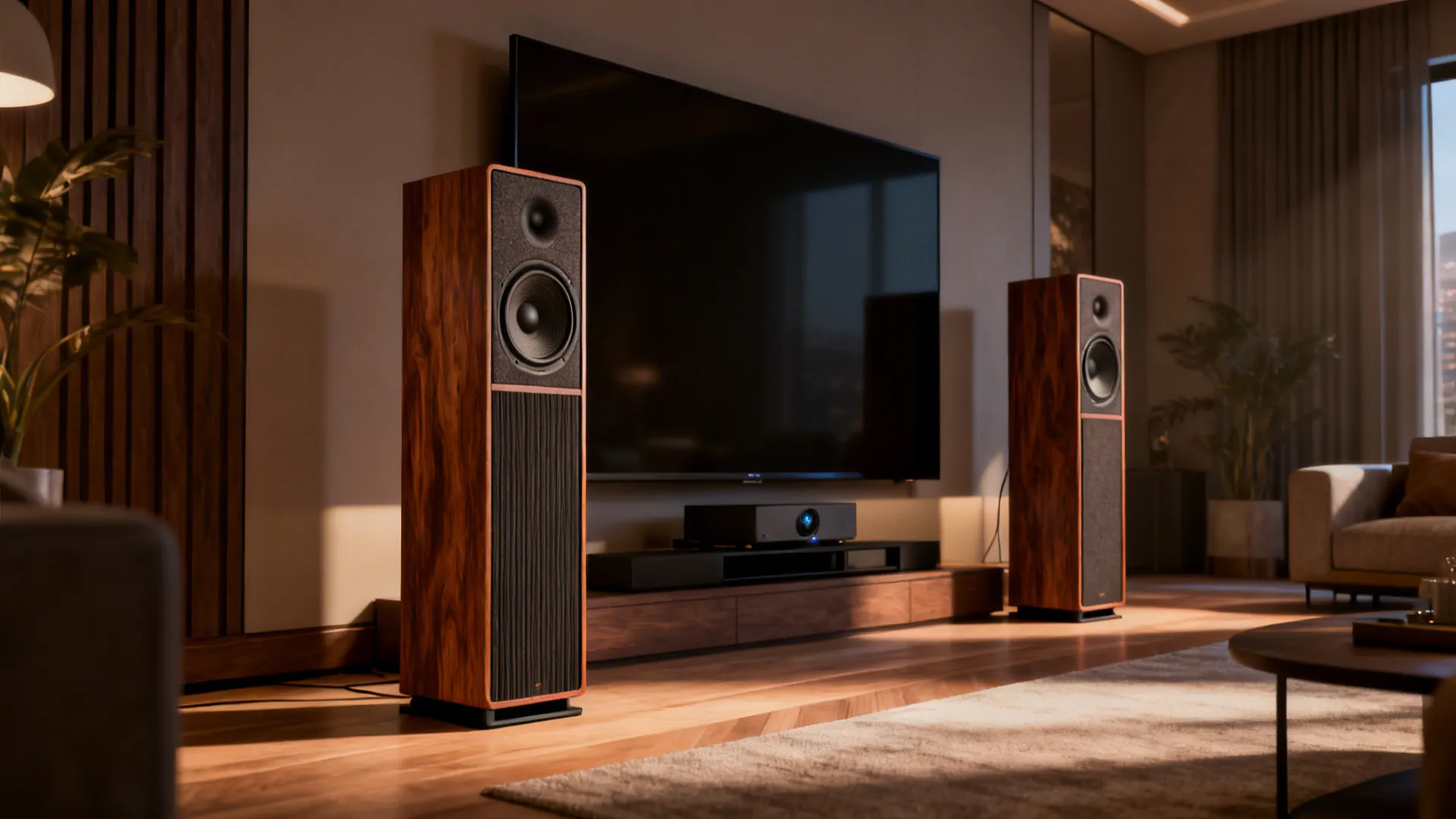 Pair of slim floorstanding wireless speakers placed for cinematic, room-filling sound in a living room.