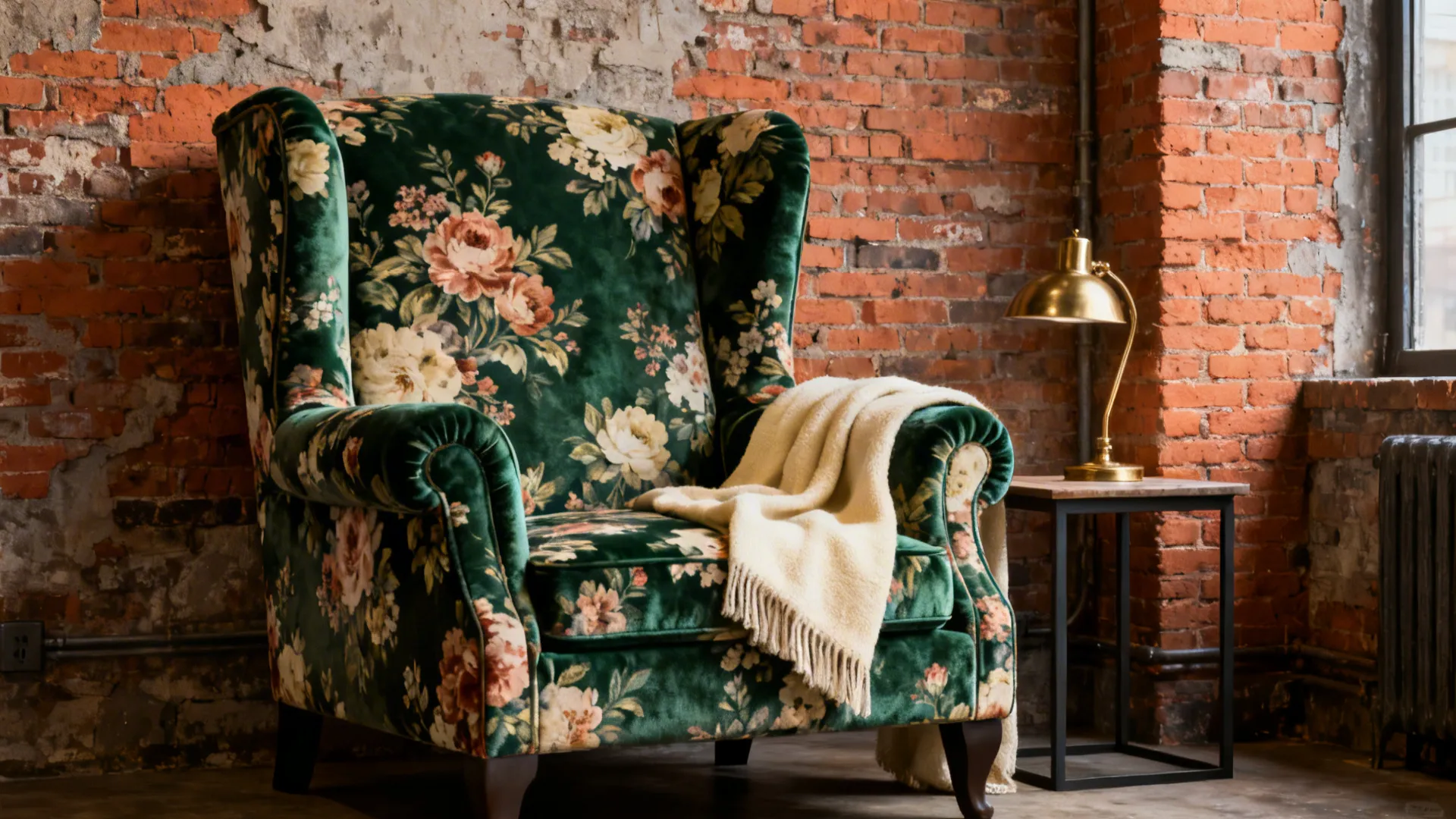 Floral printed armchair softening an urban loft space against an exposed brick wall.