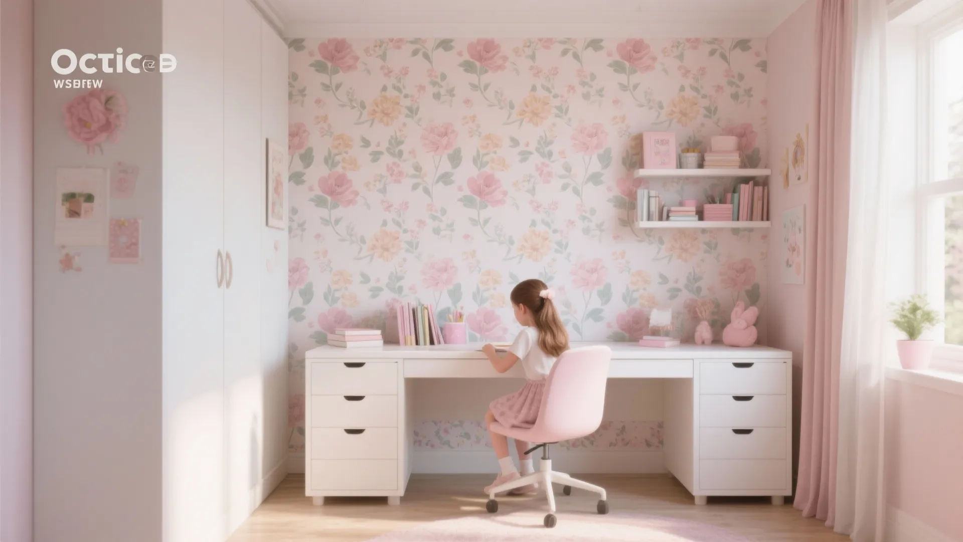 Young girl sitting at white desk in bedroom with pink floral wallpaper and white storage cabinet