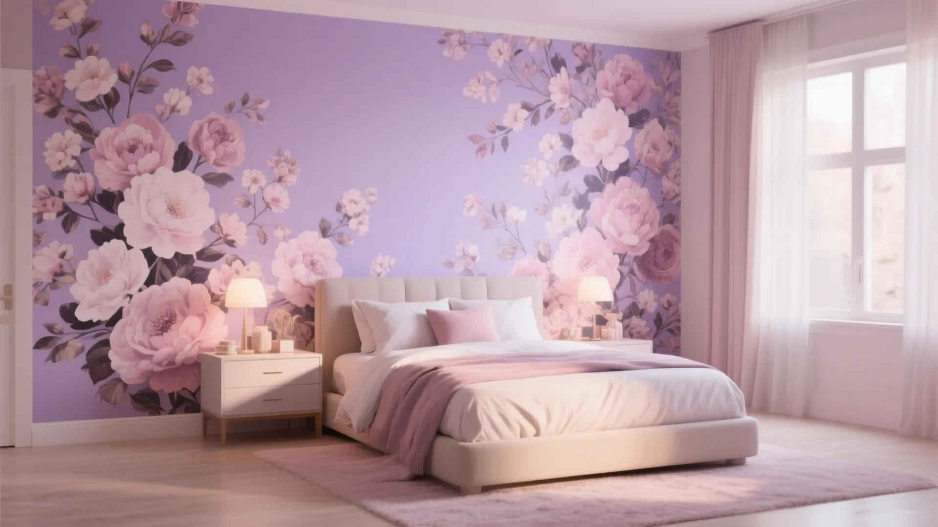 Purple bedroom with floral wallpaper plus white bed pink pillows and two small table lamps