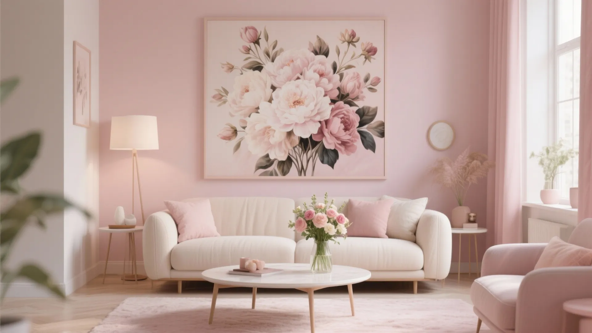 Pink themed living room with white sofa flower wall art round coffee table and floor lamp