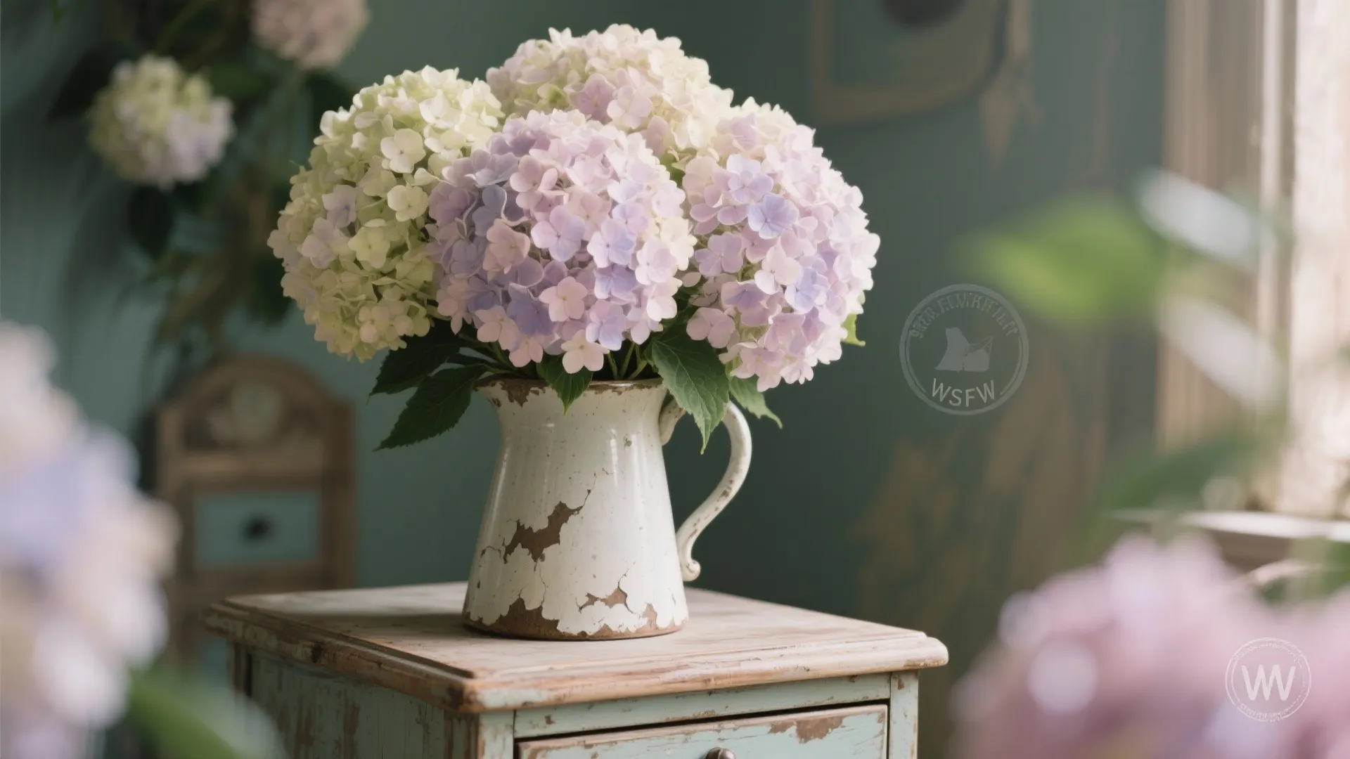 Hydrangea bouquet in a vintage ceramic pitcher on a dresser