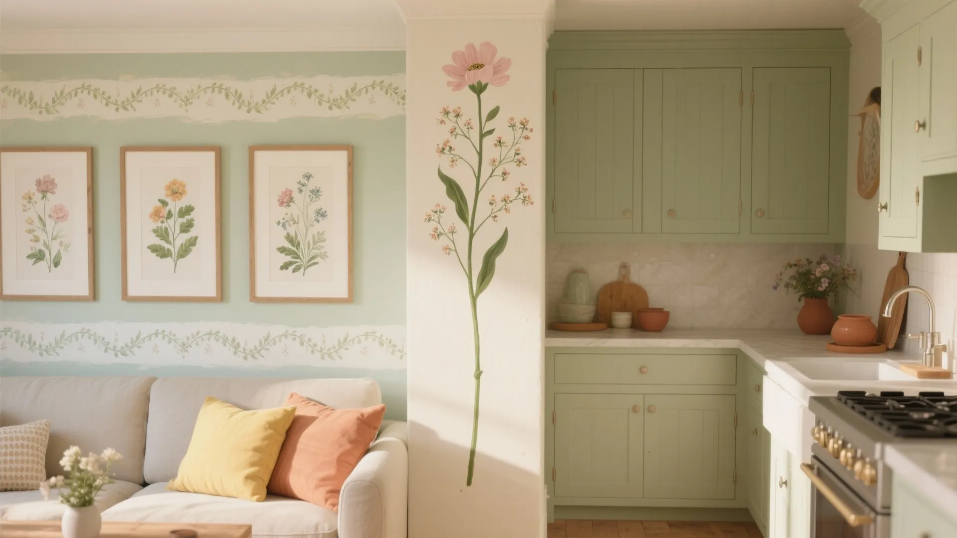 Cozy living room and green kitchen featuring floral wall art with sofa and colorful pillows