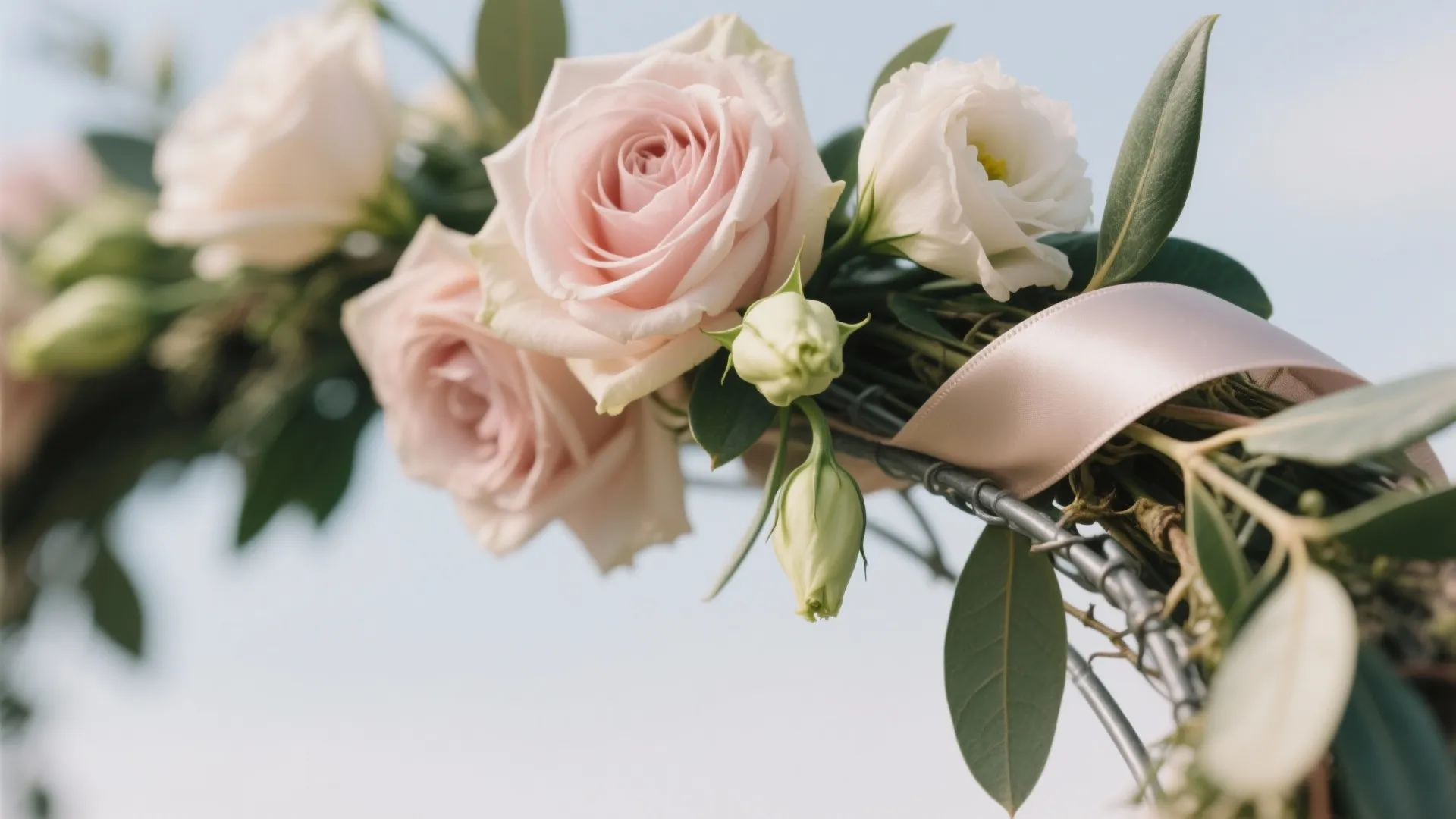 Close up of pink roses white flowers and green leaves decorated with a pink ribbon