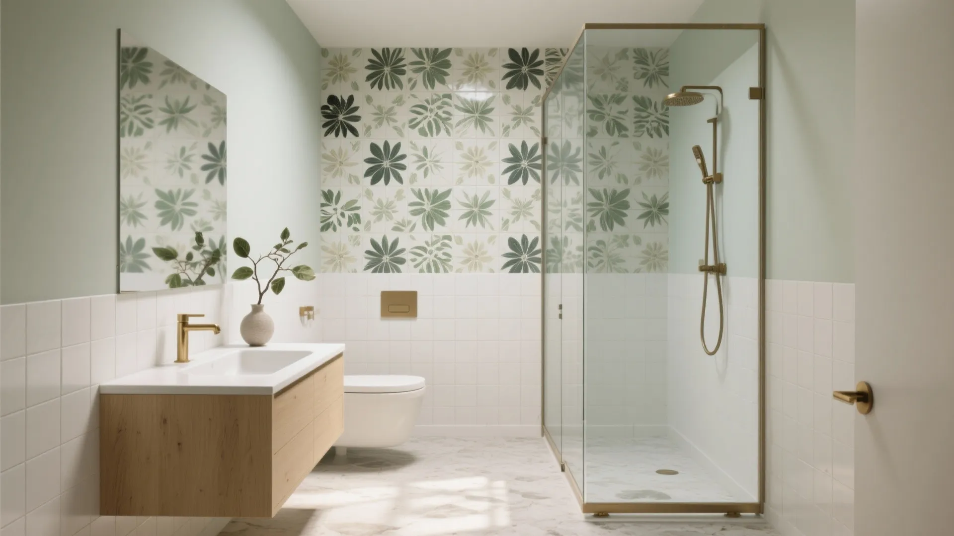 Bright bathroom with green flower tiles a wood cabinet sink glass shower and white toilet