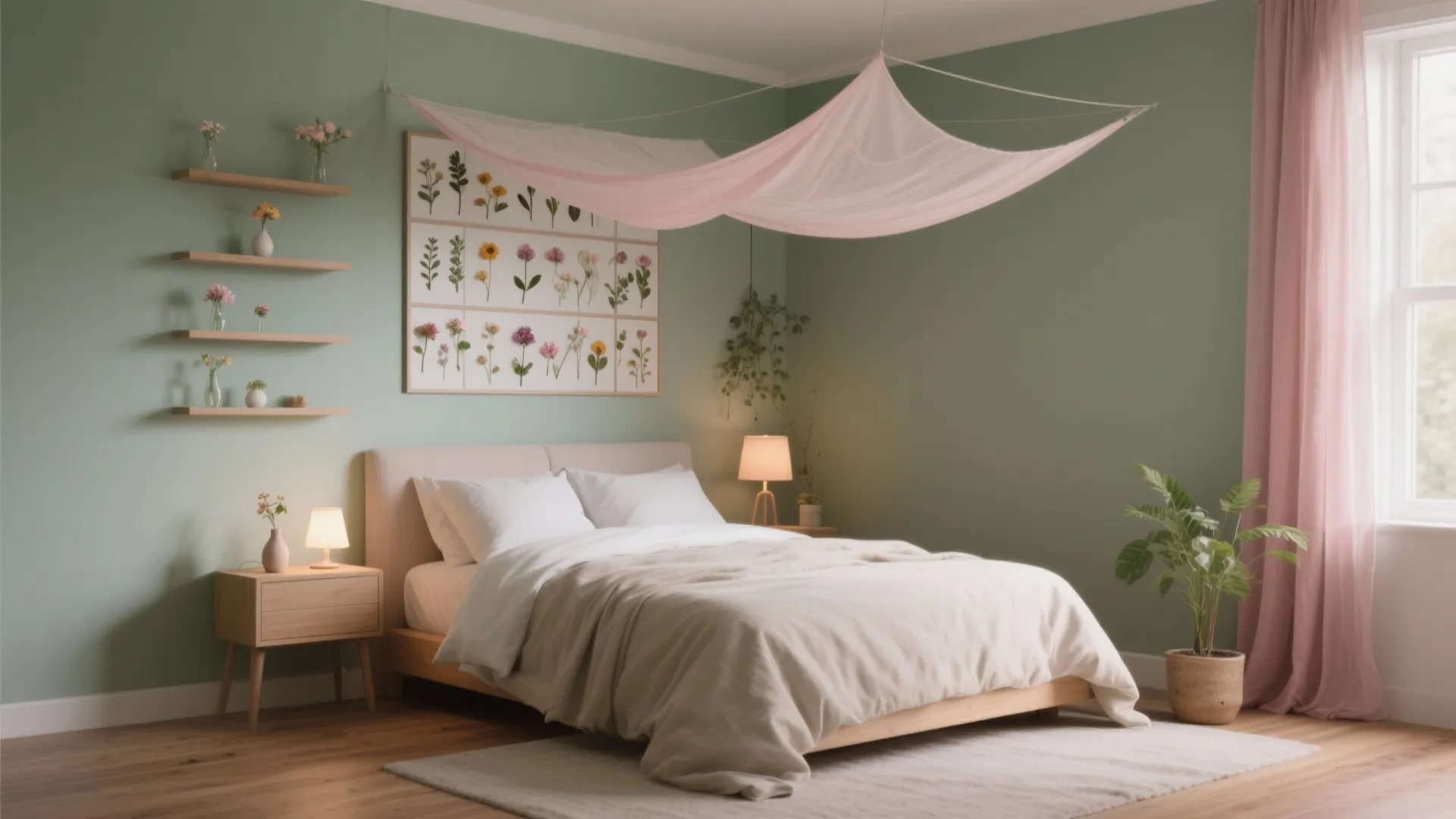 Cozy bedroom with green walls pink canopy over bed wooden nightstand and botanical wall art