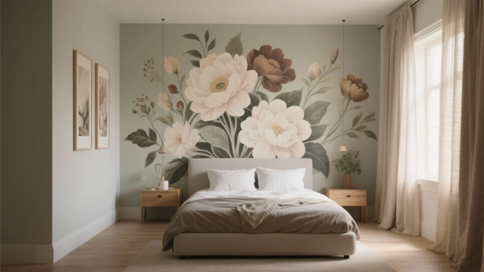 Spacious bedroom featuring a large floral wall mural wooden nightstands white curtains and beige bedding