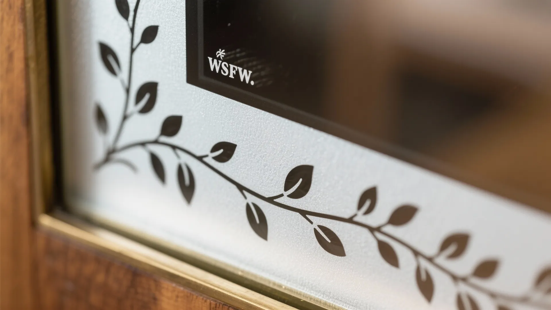 Close-up of a clean etched floral vine border beside clear glass.