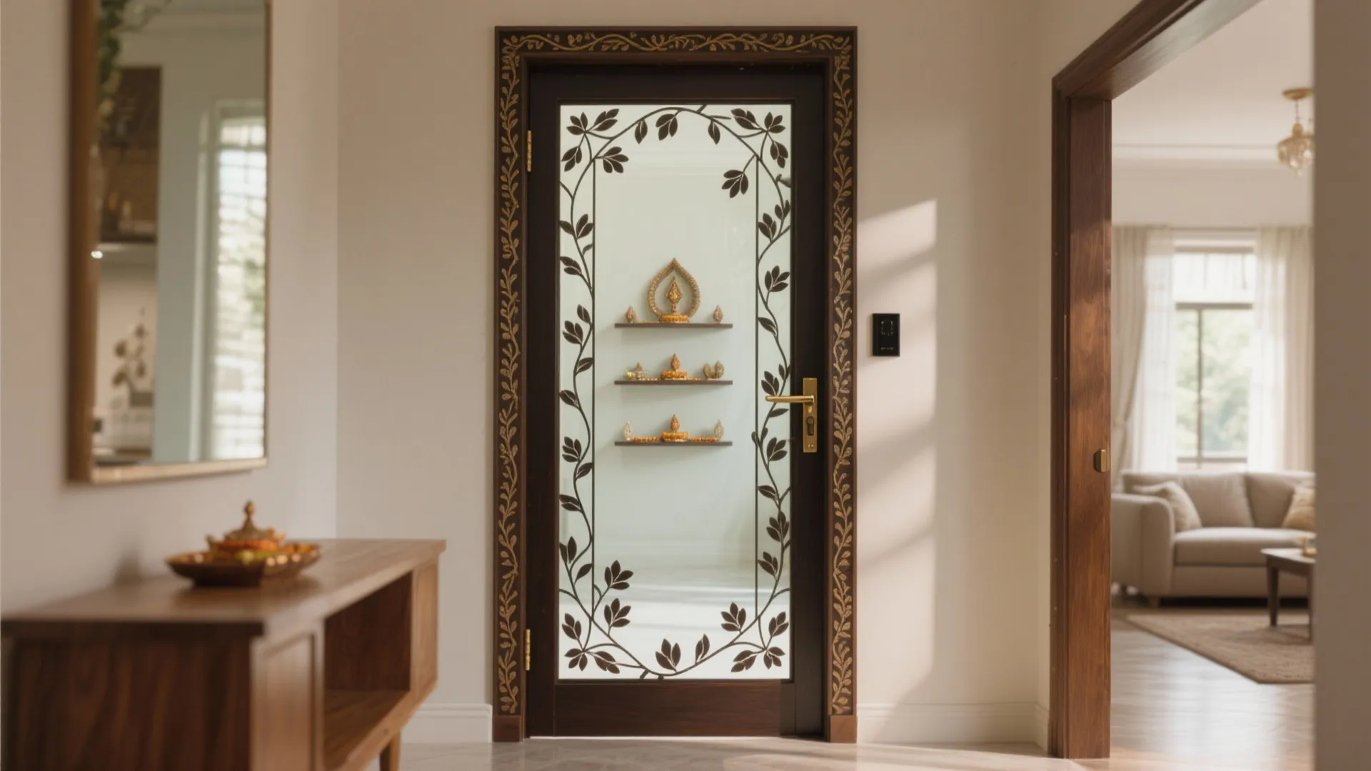 Pooja door with a simple etched floral vine border and a clear center panel.