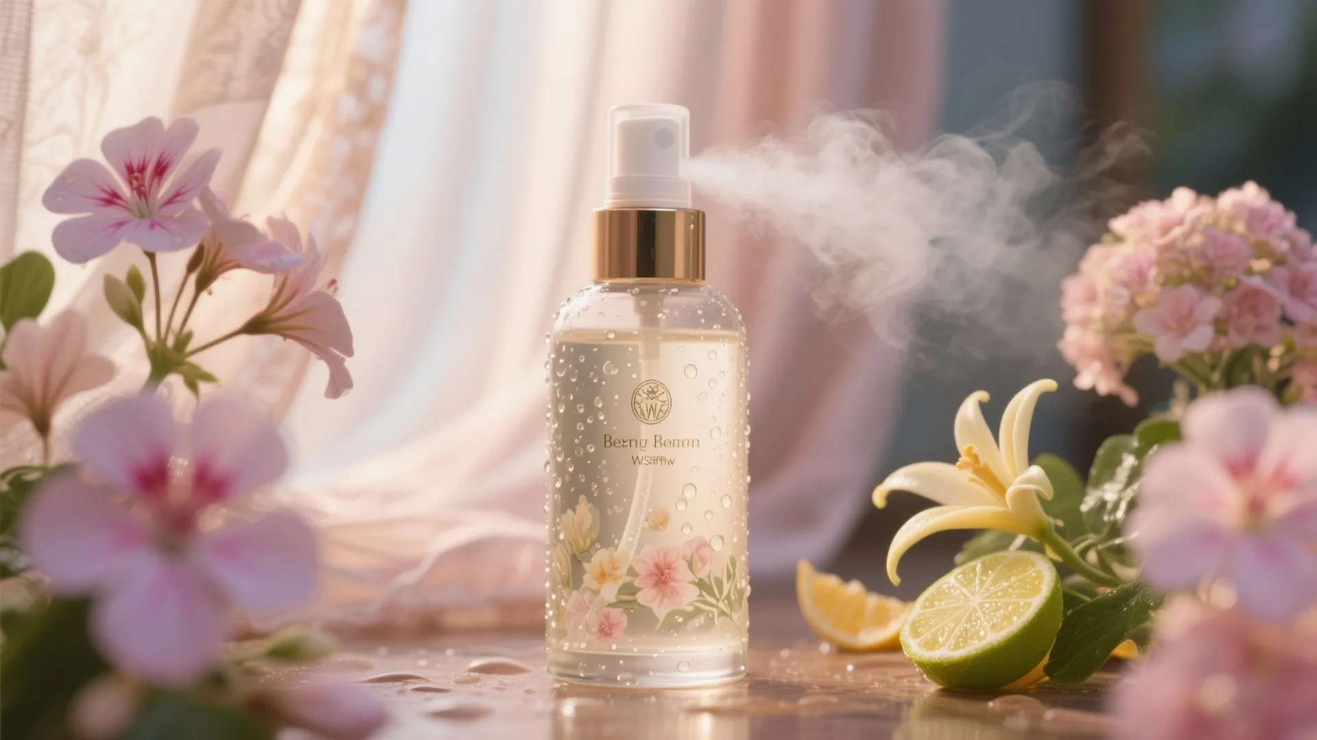 Glass spray bottle releasing mist surrounded by pink flowers white flowers and fresh green lime slices