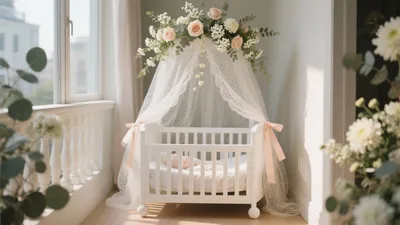 Soft Pastel Nursery with Floral Canopy Design