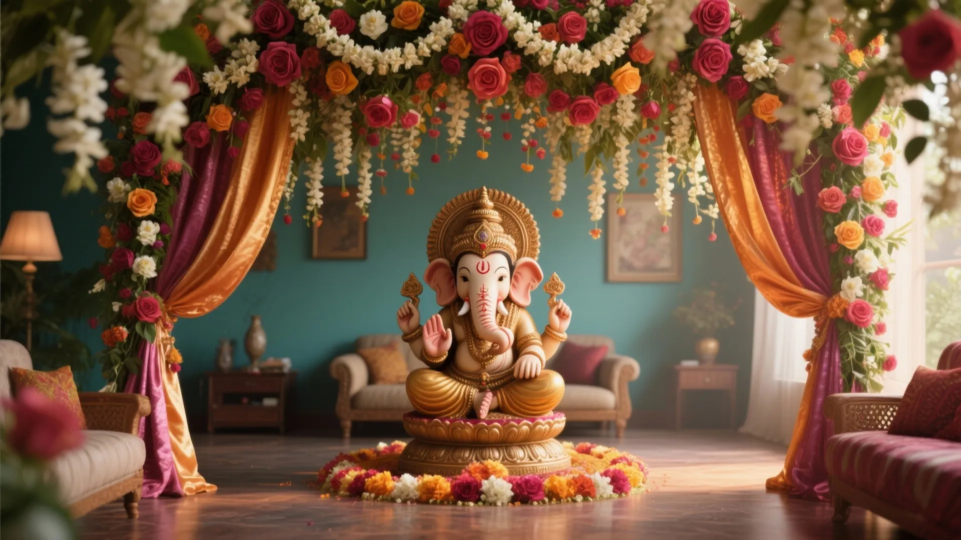 Ganesh idol beneath jasmine and rose floral canopy with silk drapes
