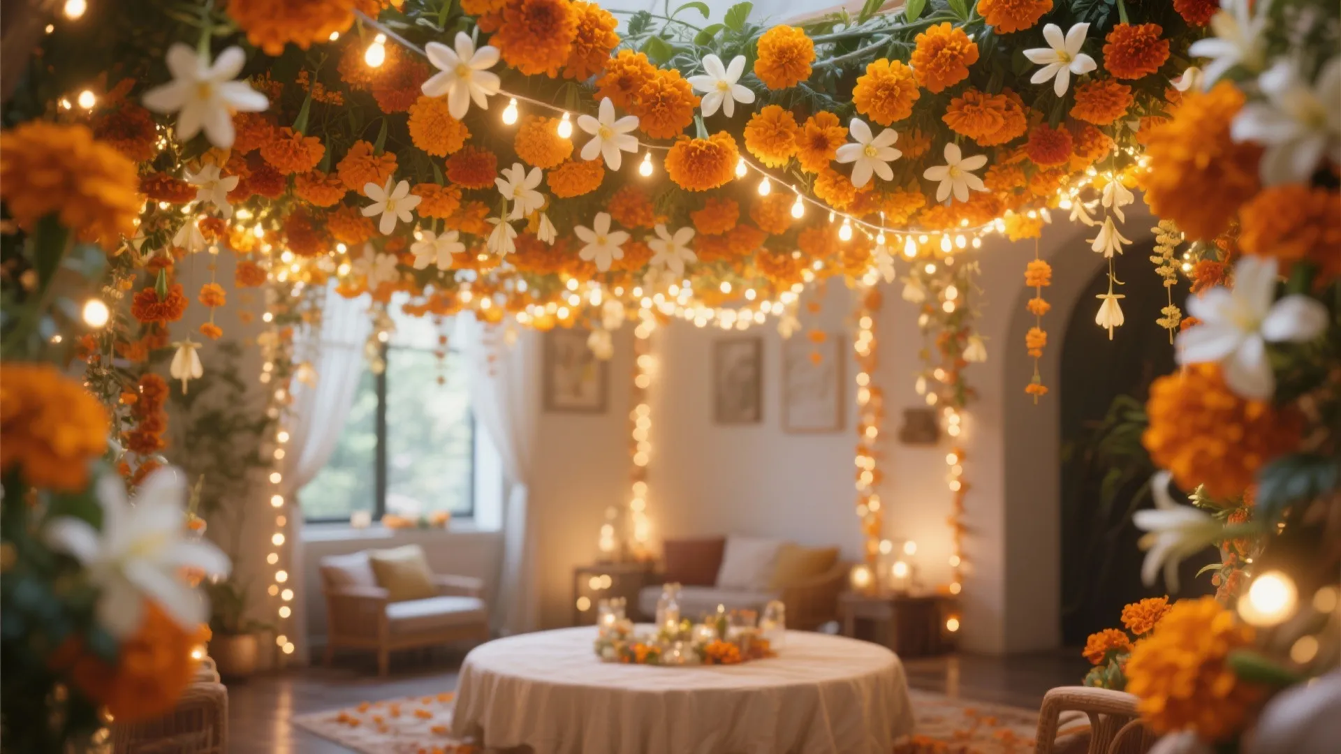 Marigold and jasmine floral canopy with warm LED lights