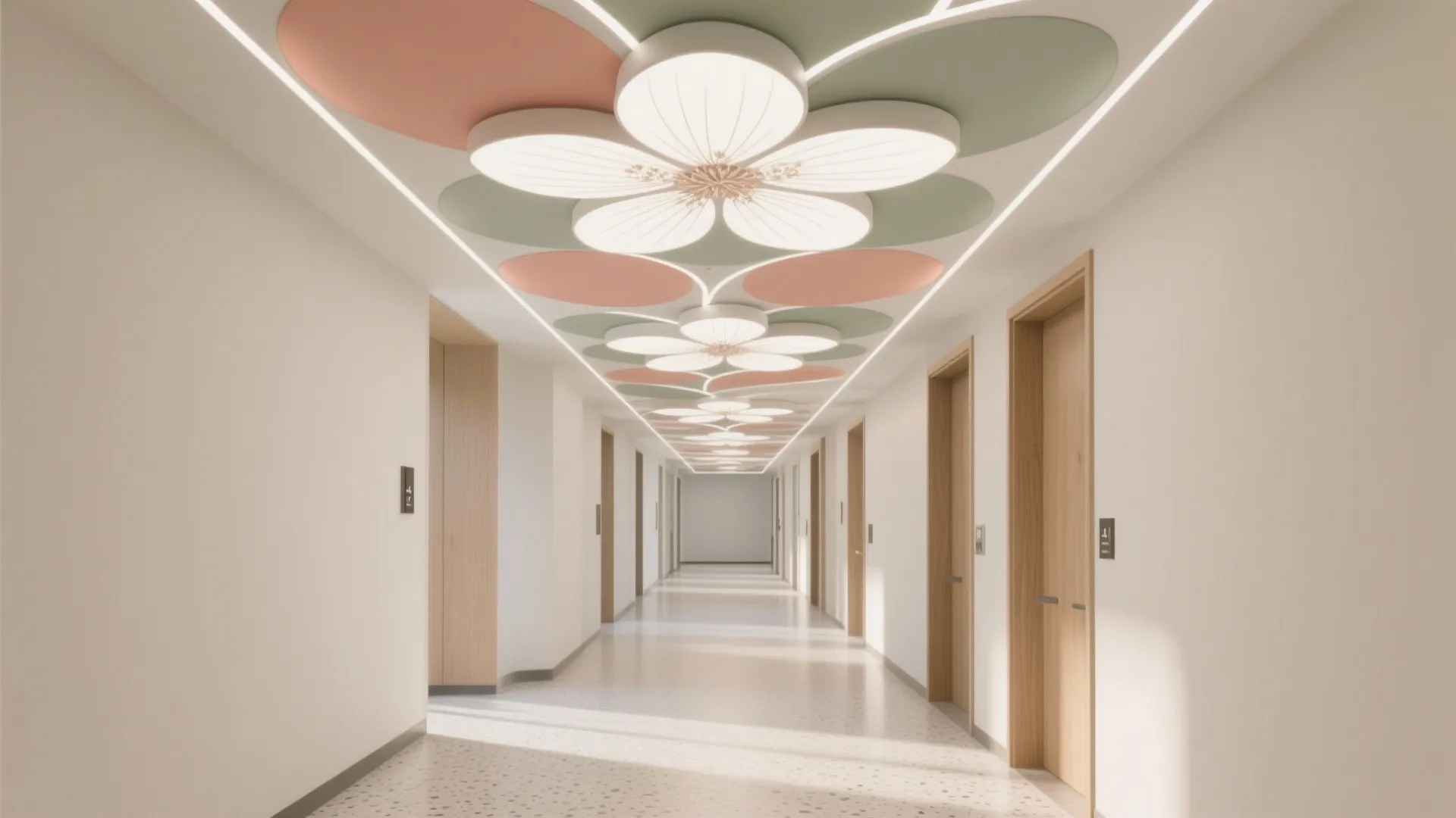 Long white hallway with flower shaped ceiling lights and pink and green circular designs above