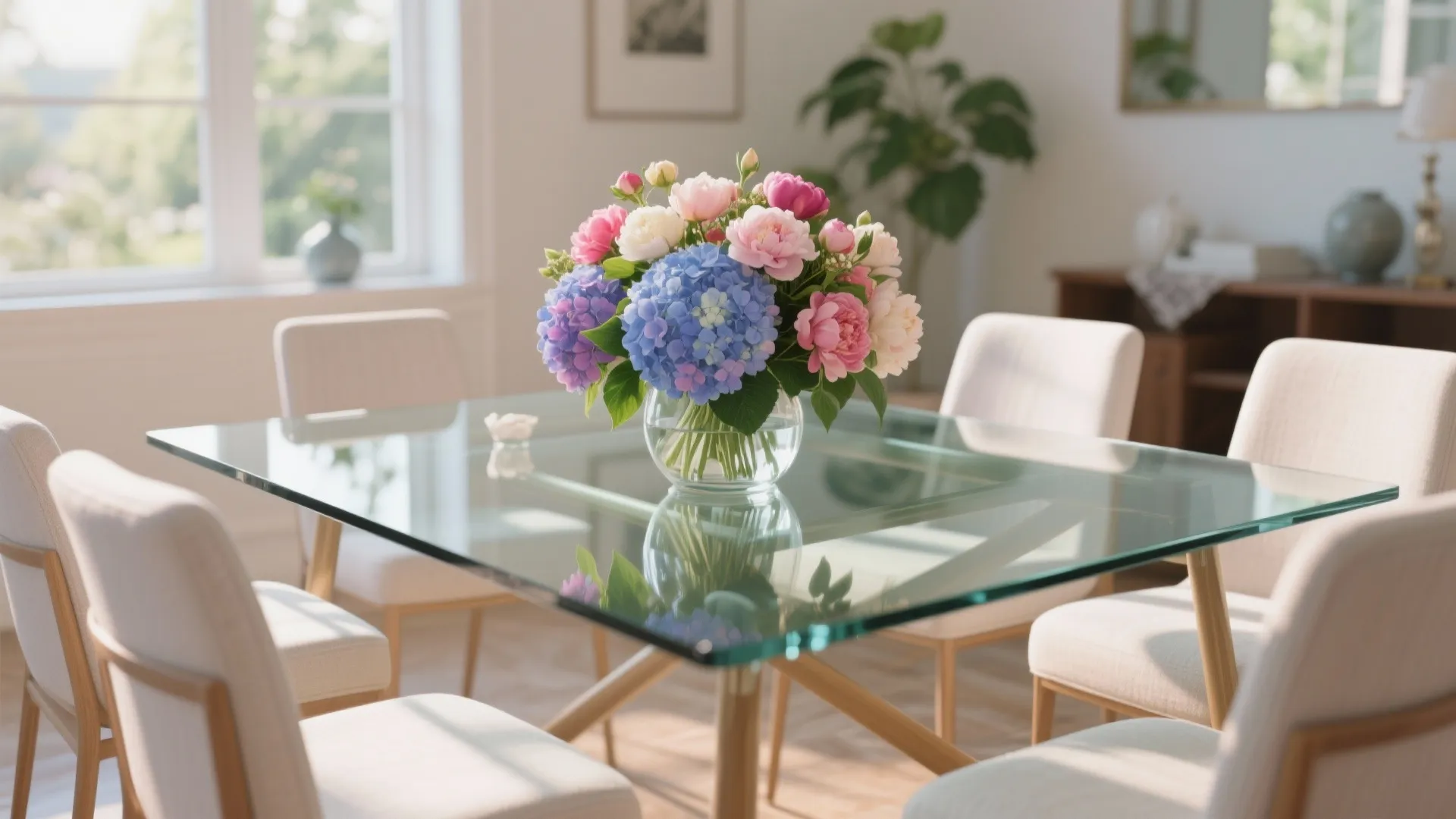 Glass dining table with blue and pink flower bouquet in a vase and white chairs