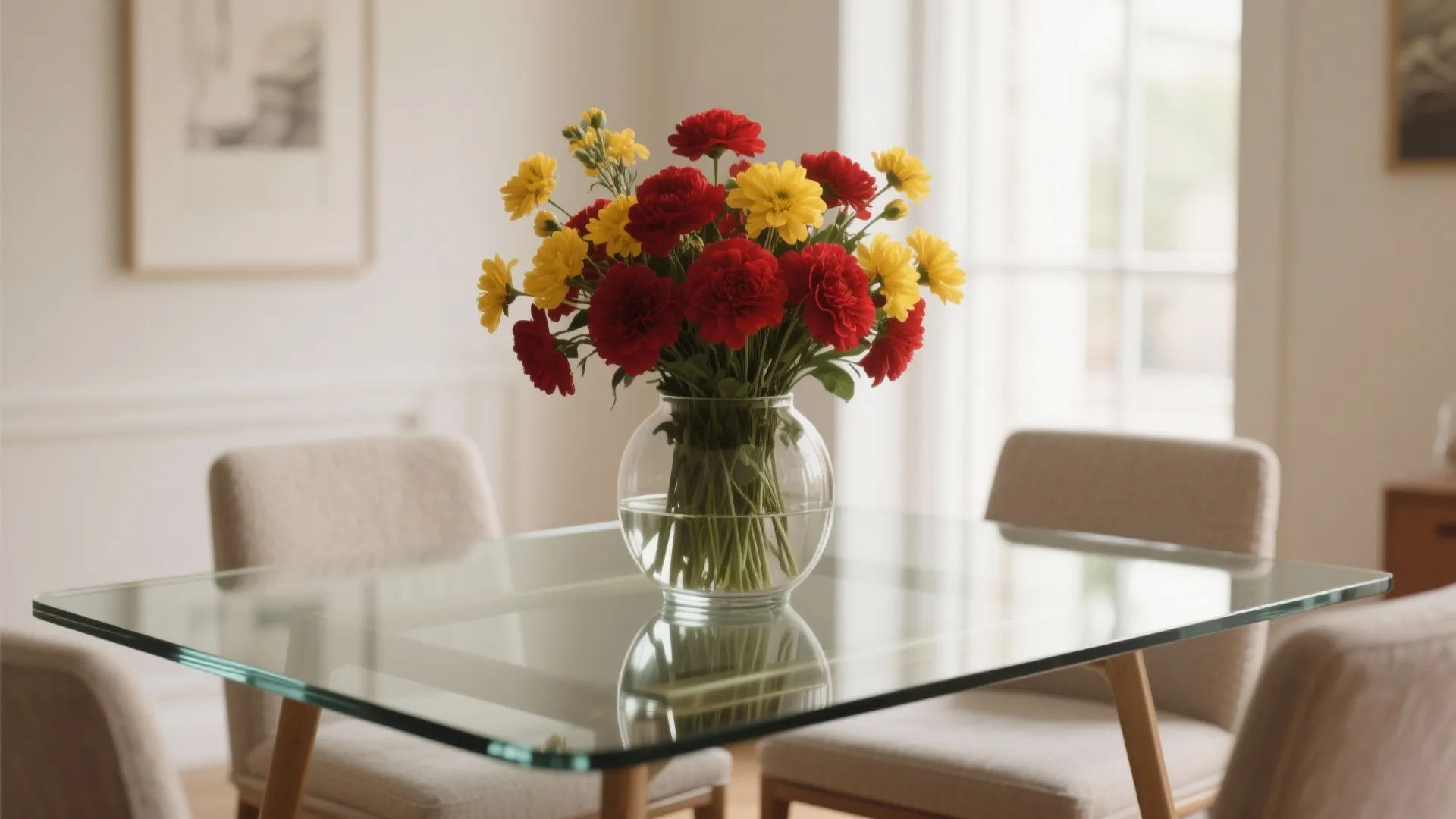 Round glass vase with red and yellow flowers sitting on a modern clear glass table
