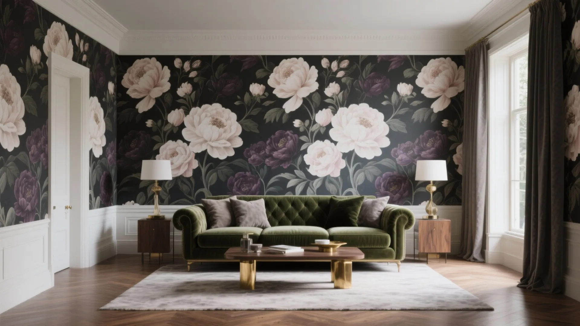Living room with dark floral wallpaper behind a green velvet sofa and two table lamps