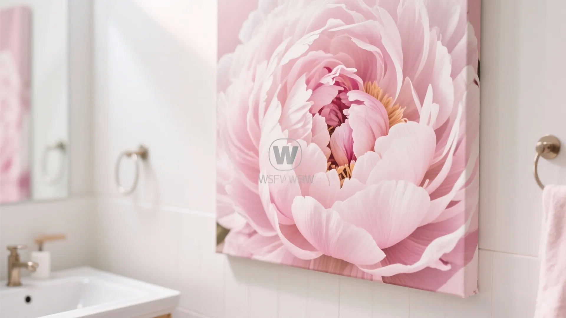 Large pink flower wall painting hanging in white bathroom with sink faucet and towel ring