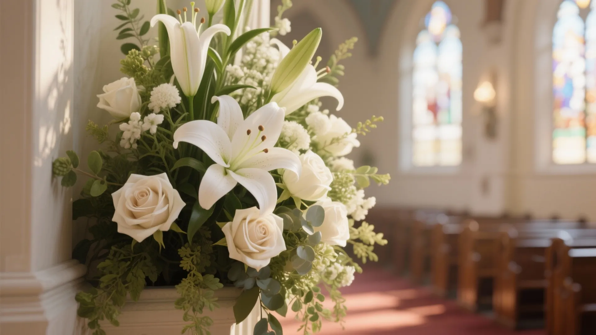 Close-up of church hall floral corner arrangement