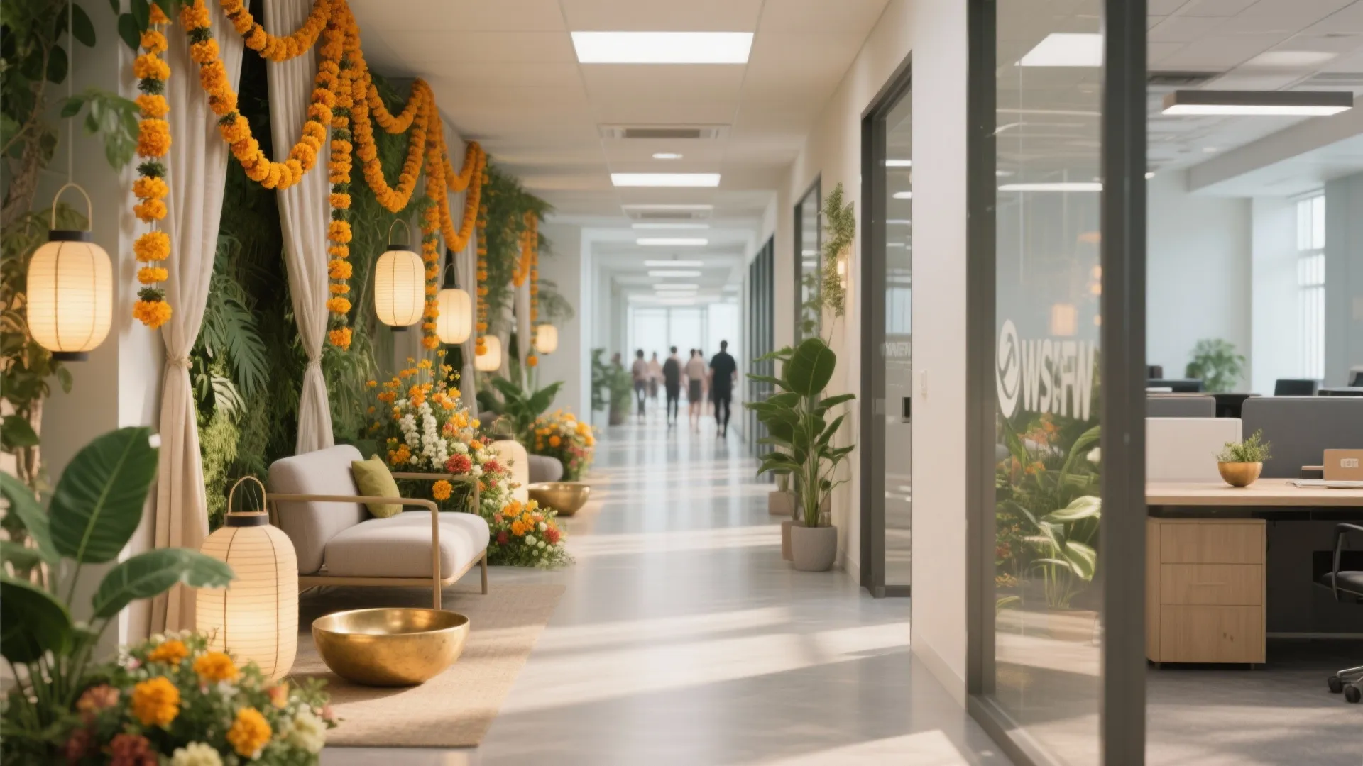 Modern office hallway decorated with orange flower garlands green plants hanging lamps and small grey sofa