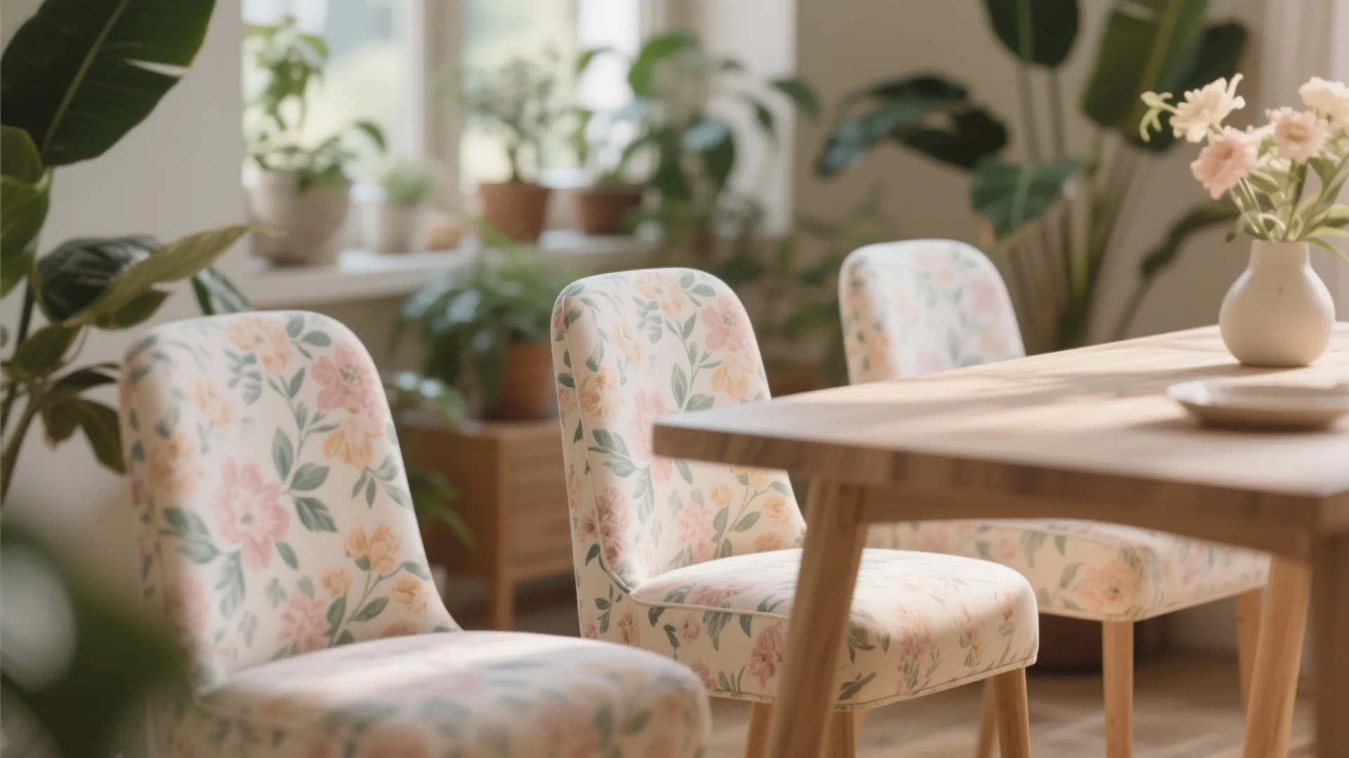 Bright dining area with floral pattern chairs and wooden table next to several green indoor plants