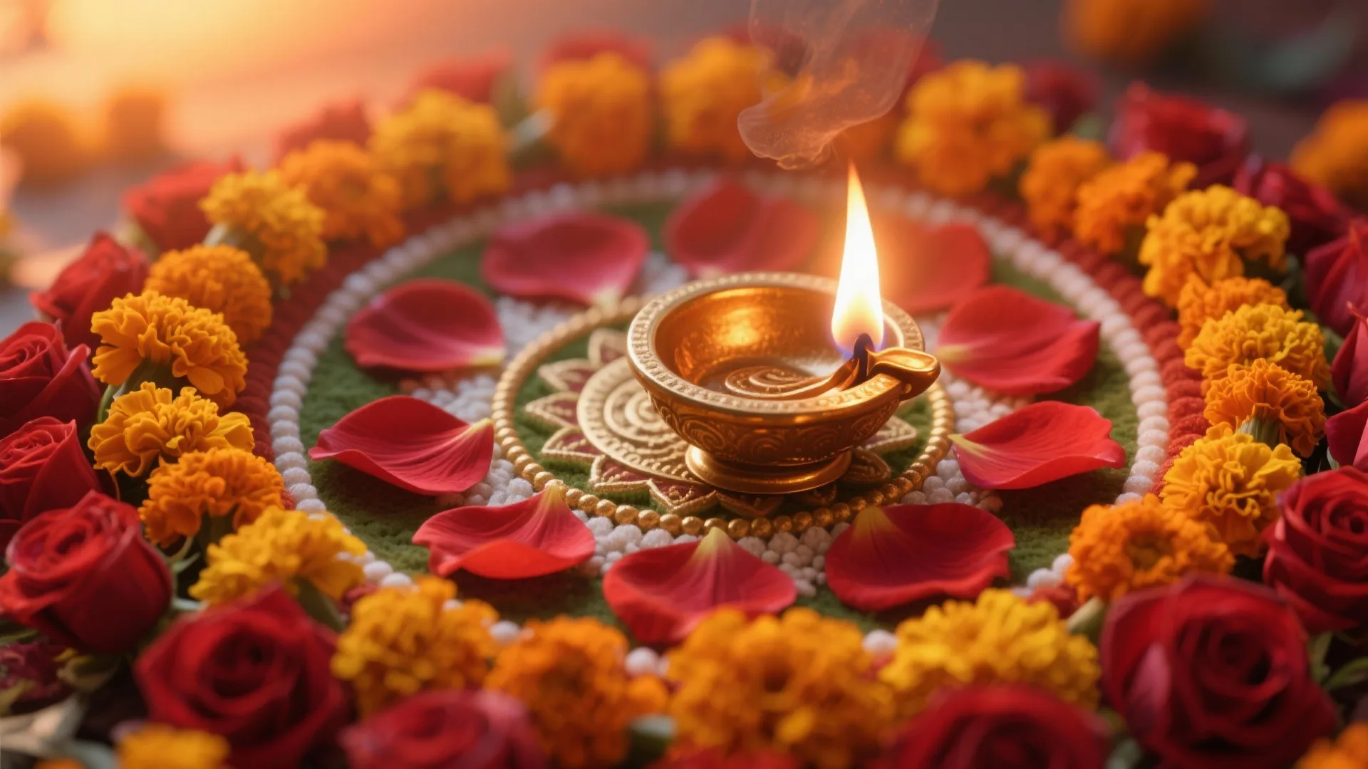 Macro of marigold and rose petals around a glowing brass diya.