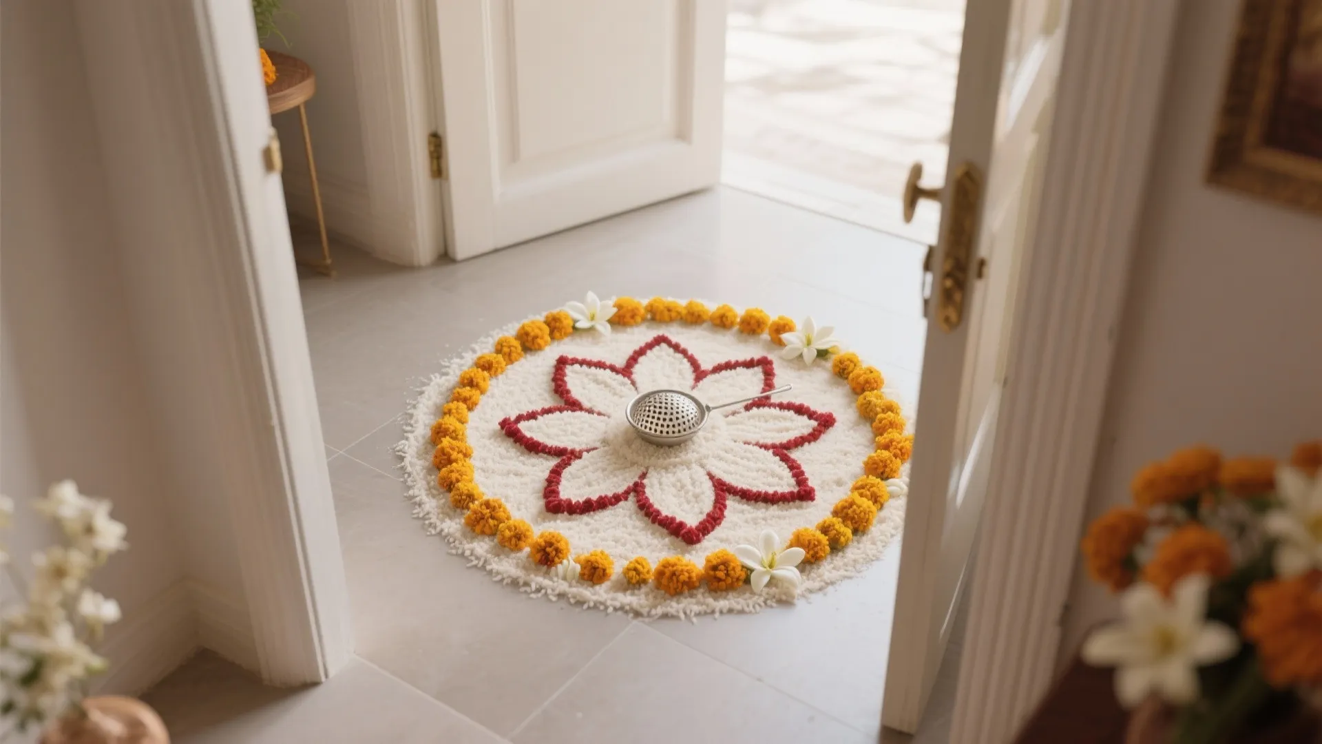 View through an open white door showing a circular flower pattern on a clean floor
