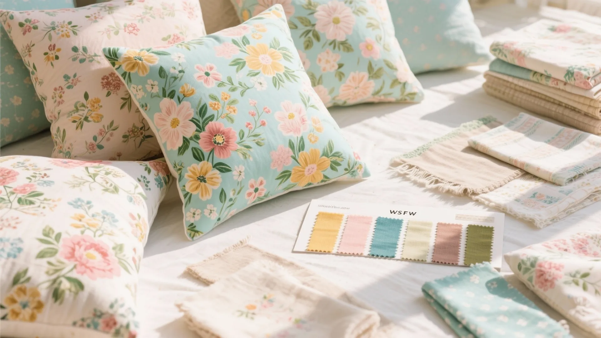 Floral patterned pillows and fabric color samples displayed on a white bed for interior decoration