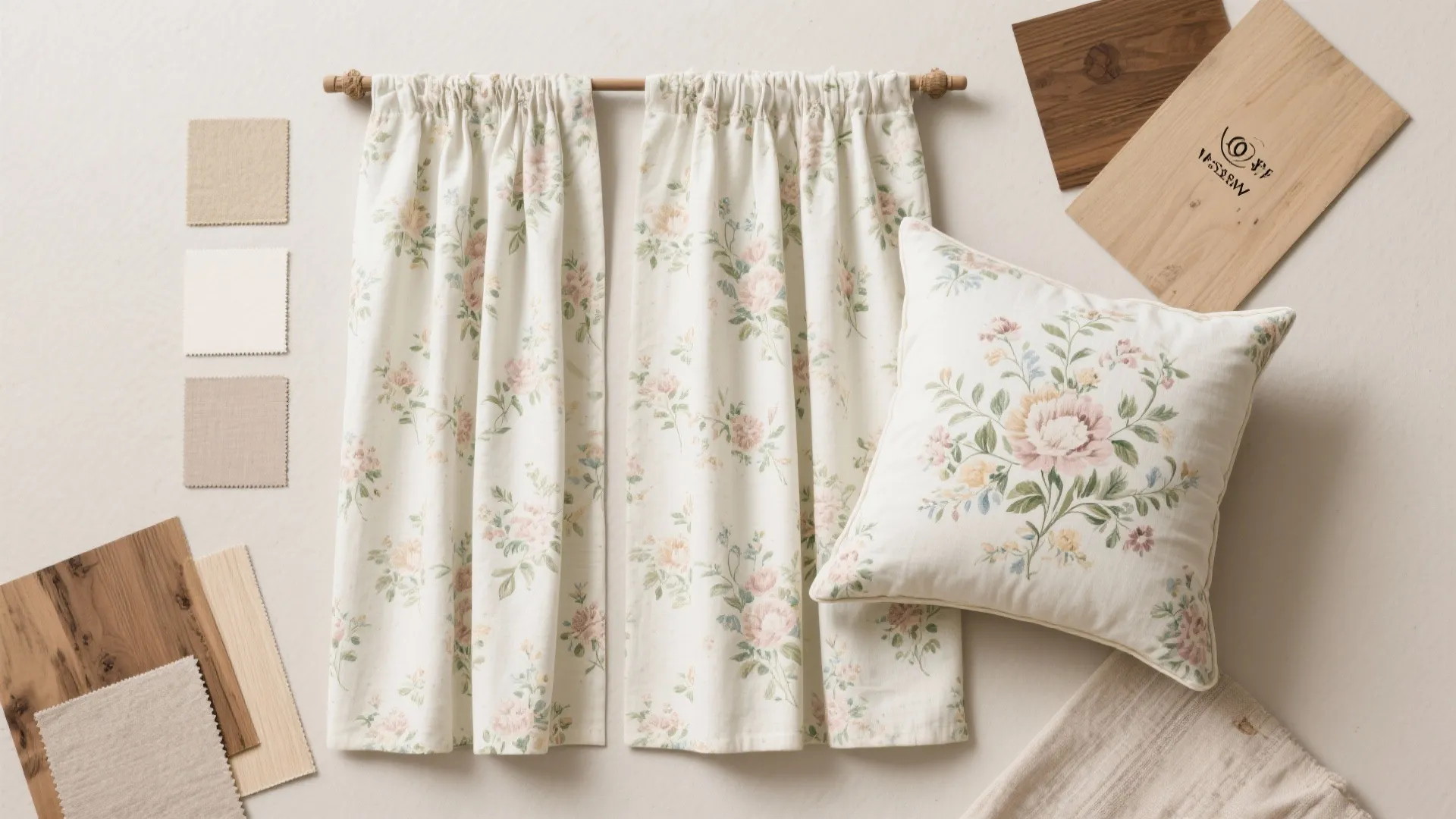 Flat lay of floral fabric samples with soft pastel tones