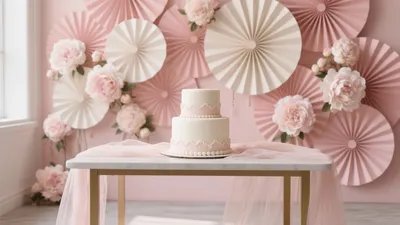 Soft Pink Cake Display with Paper Fan Backdrop