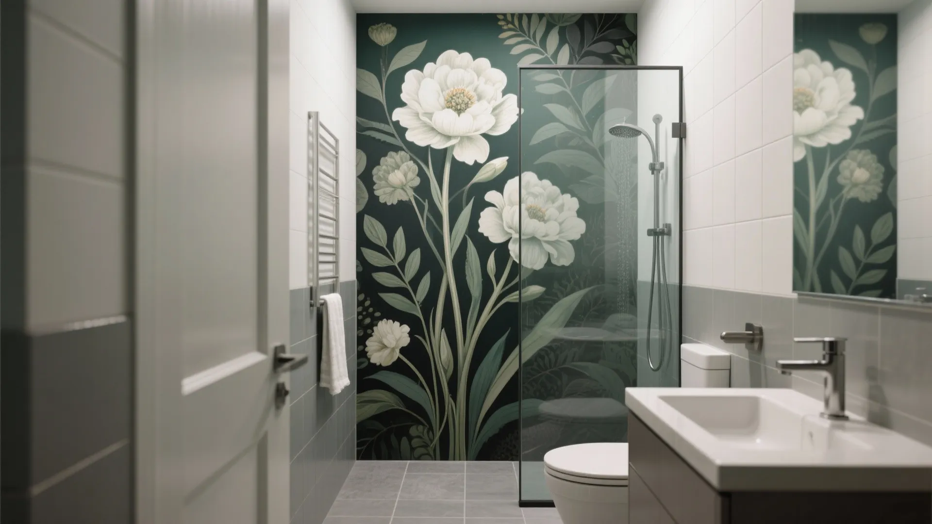 Modern bathroom featuring a dark green wall with large white flowers behind glass shower door