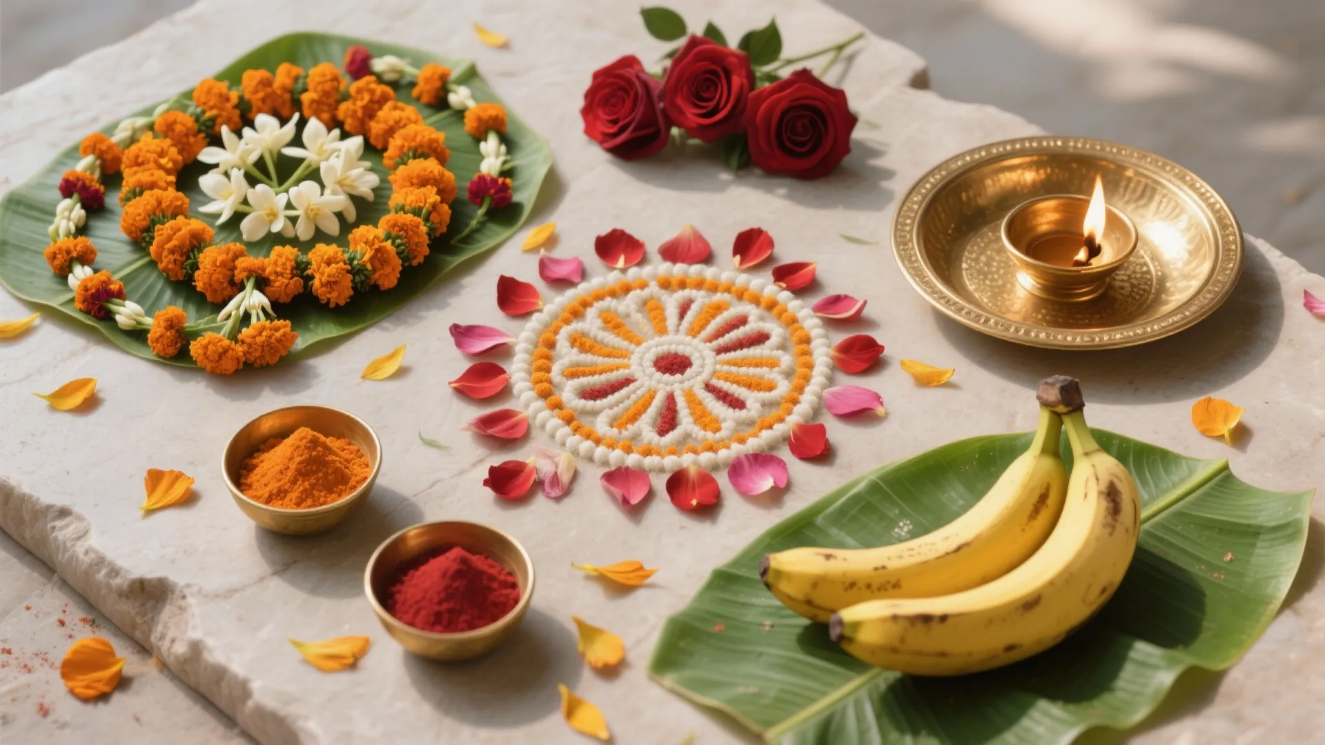 Traditional floral design with orange flowers red roses lit oil lamp and bananas on green leaves