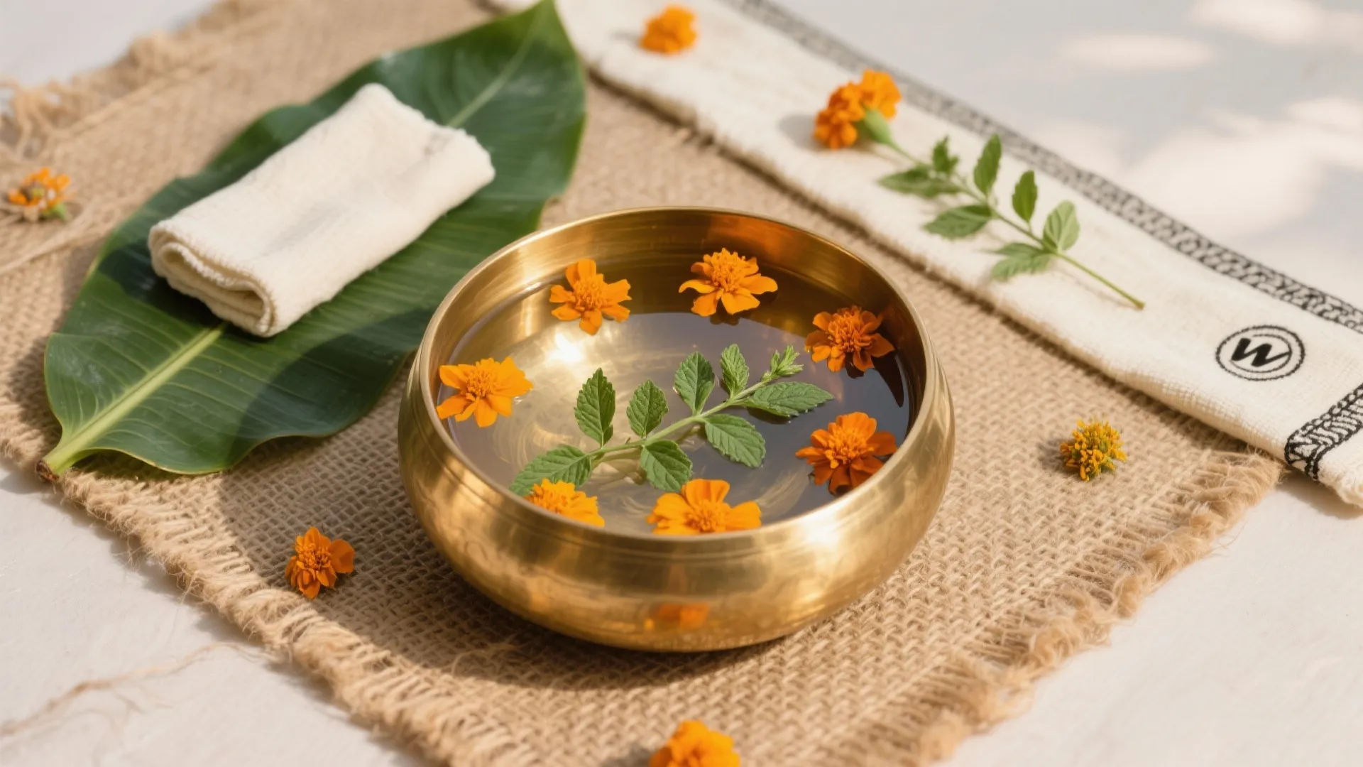 Gold bowl with water and orange flowers on burlap fabric near green leaf and white cloth