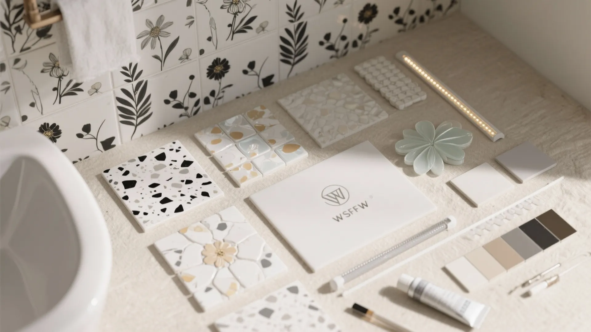 Selection of floral wall tiles, stone samples, and color swatches for a modern bathroom design