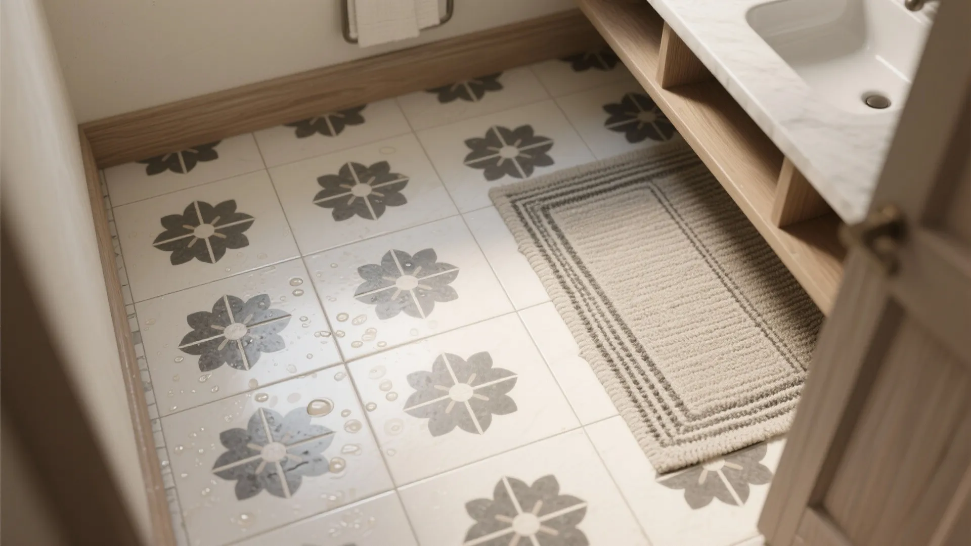 Encaustic-look floral floor, sealed and slip-smart