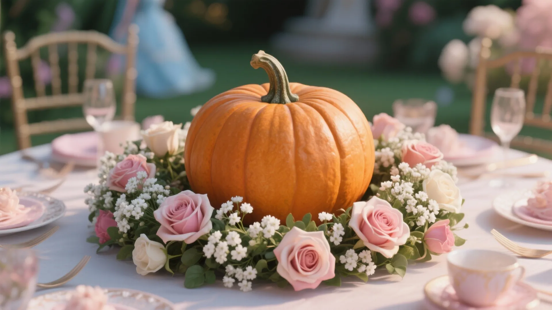 Pumpkin surrounded by roses and baby’s breath flowers