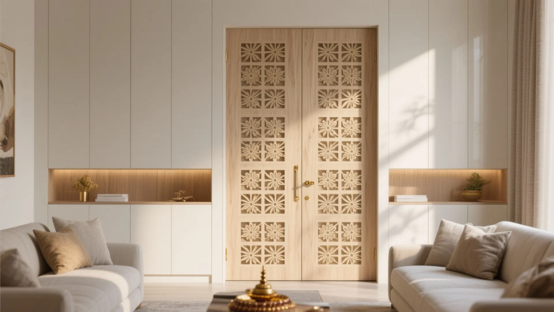 Light wood double doors with floral patterns between white cabinets in a bright modern room