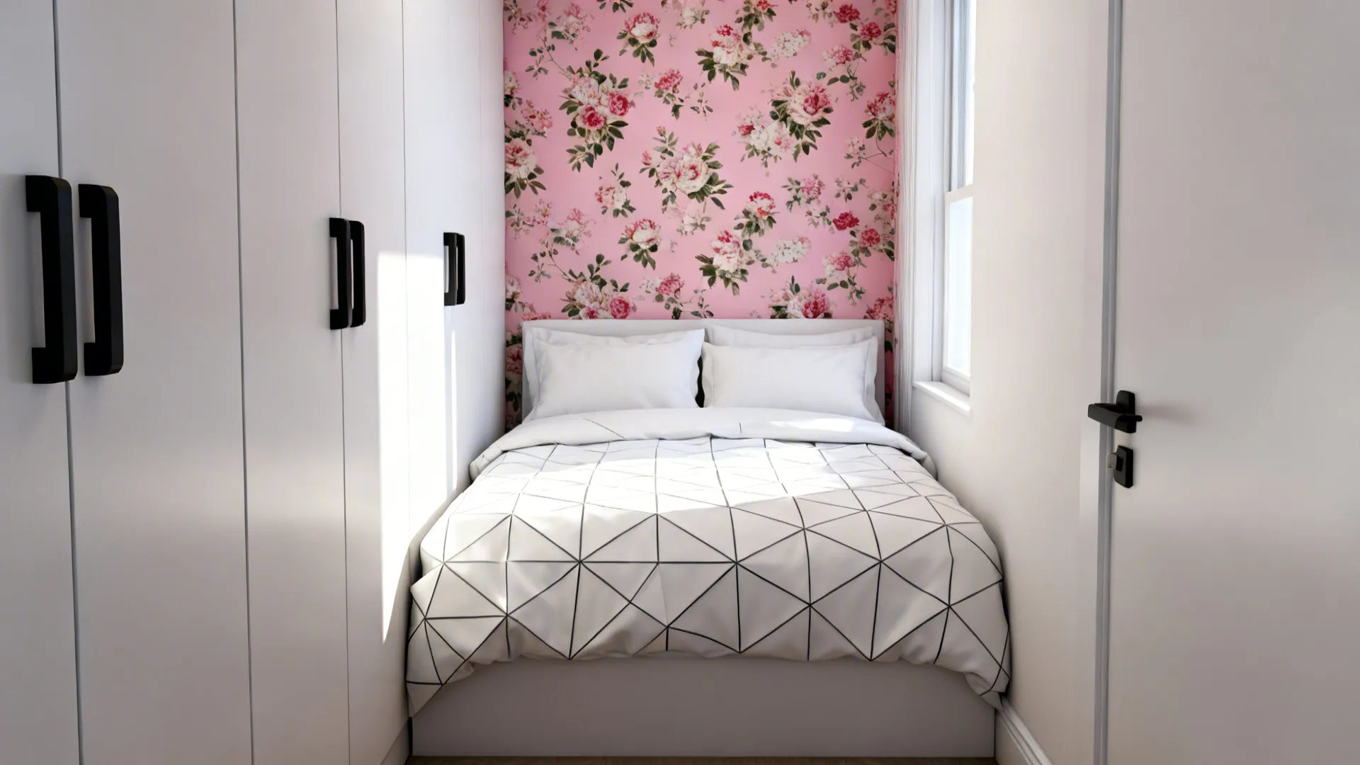 Small bedroom with pink floral wallpaper and white geometric bedding modernized with black hardware.