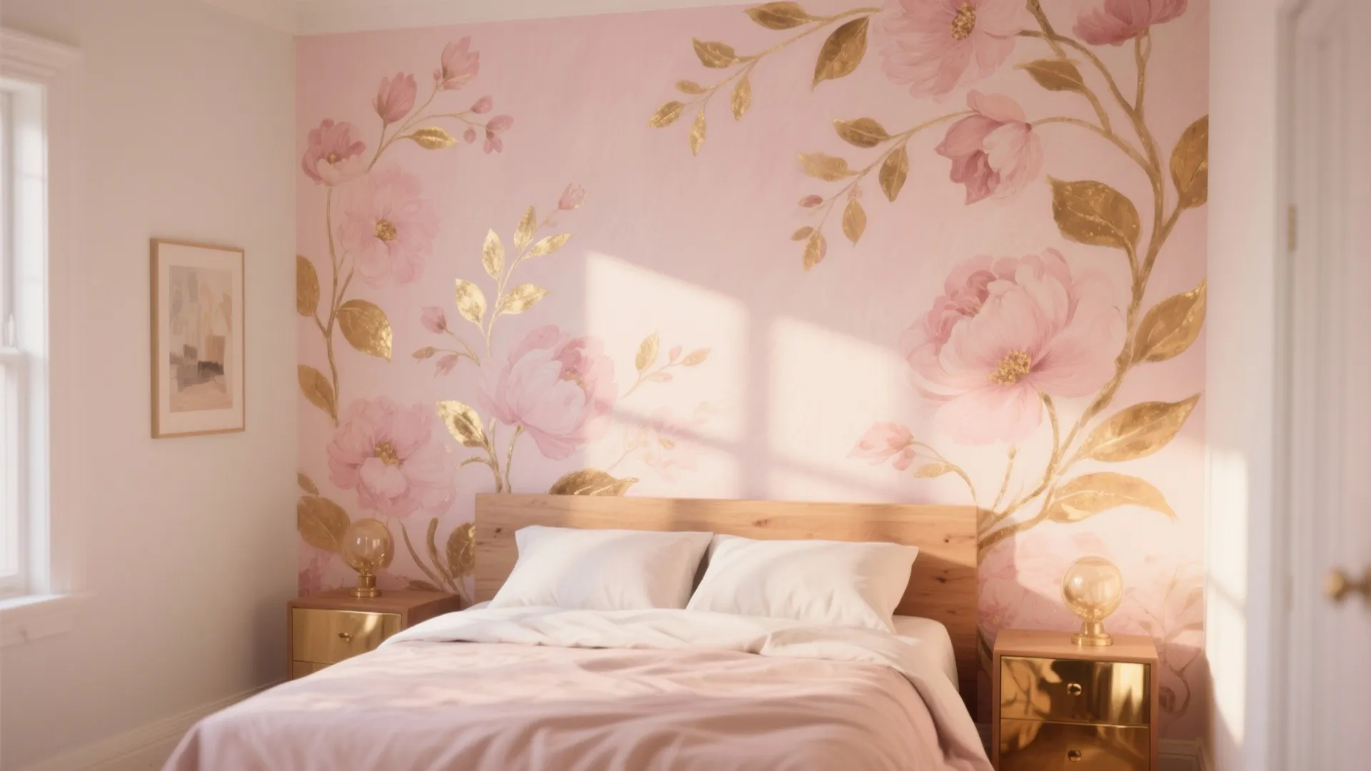 Bedroom featuring a large pink and gold floral wall pattern behind a simple wooden bed