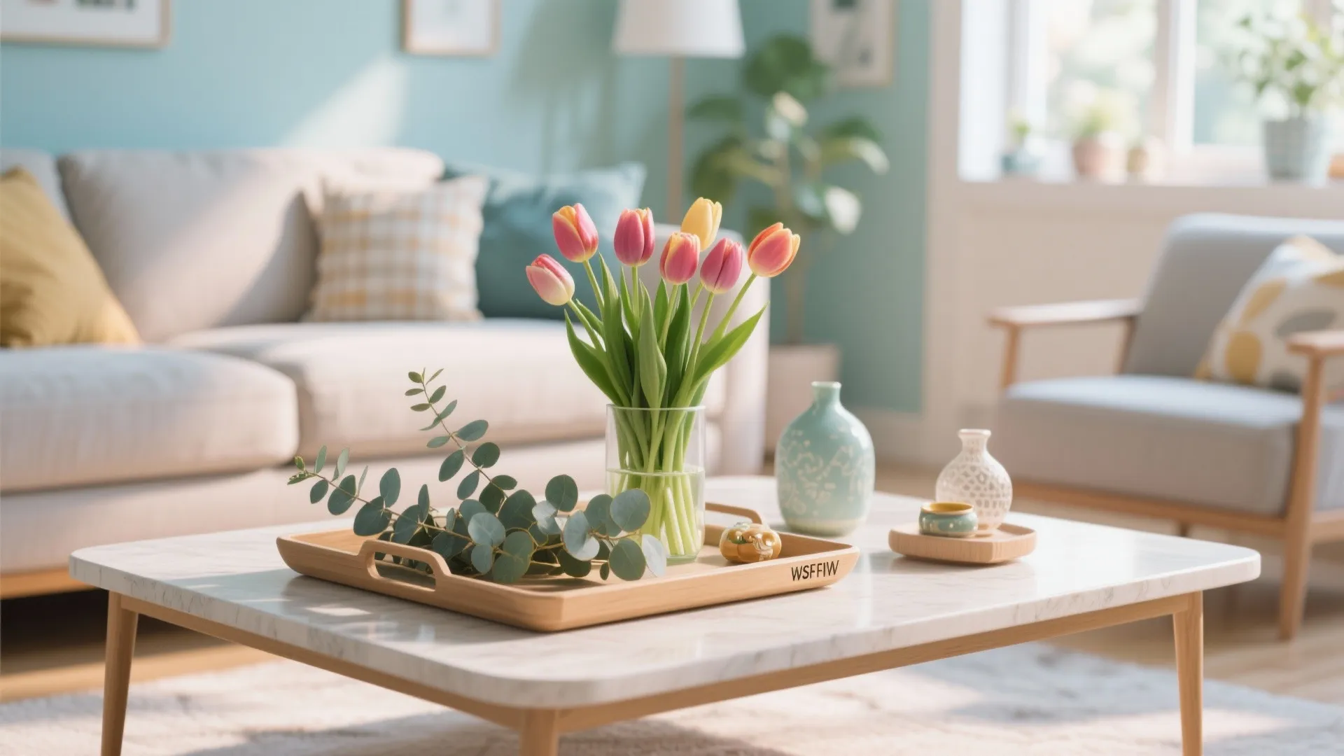 Bright living room with pink tulips in a glass vase on a wooden serving tray