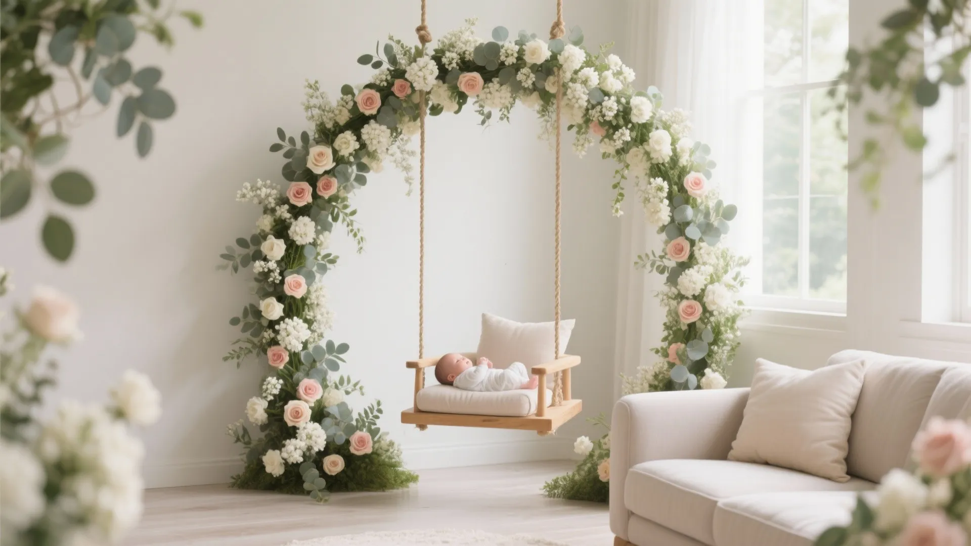 Floral halo with mixed greenery