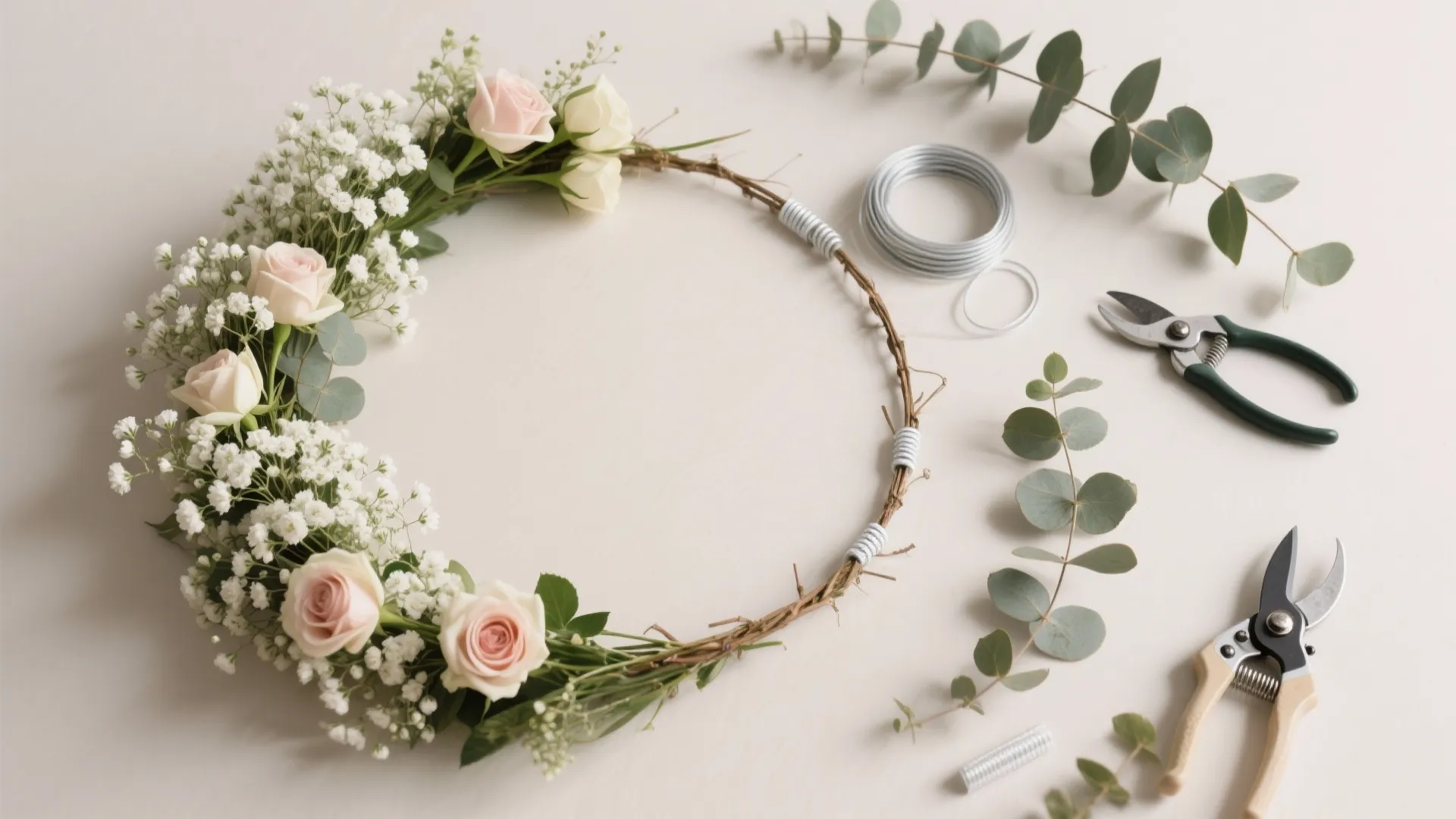 Floral halo with mixed greenery